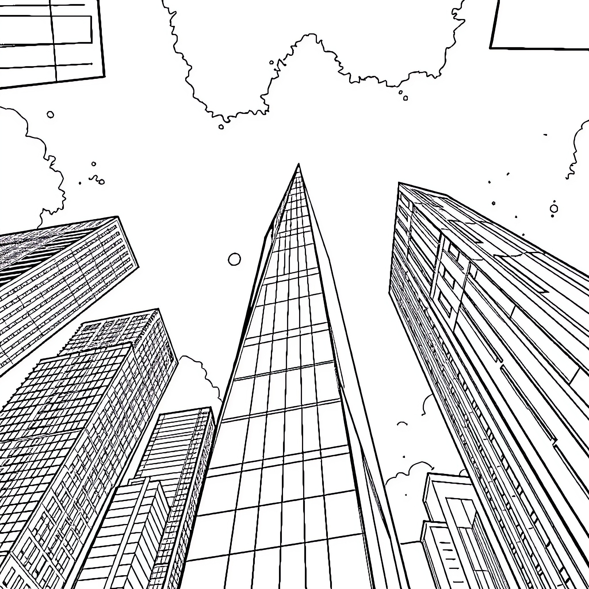 Building skyscrapers in a modern urban landscape Coloring Page (free black-and-white line drawing printable PDF for all, from beginners to advanced learners, including children, teens, adults, and seniors)