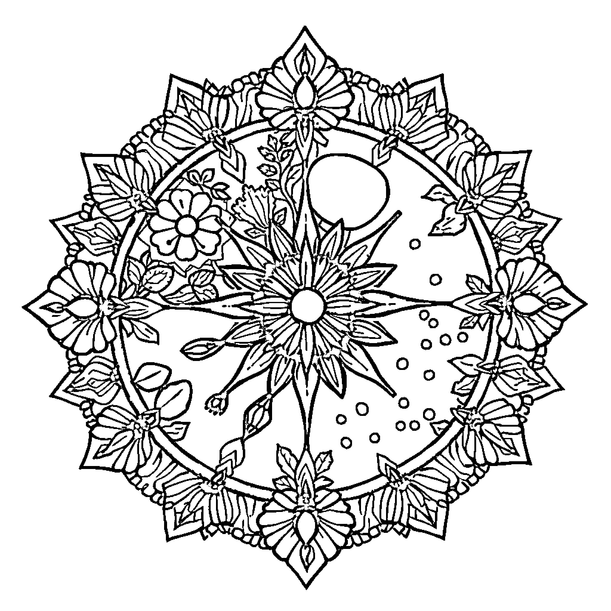 Mandala with Floral and Celestial Motifs Coloring Page (free black-and-white line drawing printable PDF for all, from beginners to advanced learners, including children, teens, adults, and seniors)
