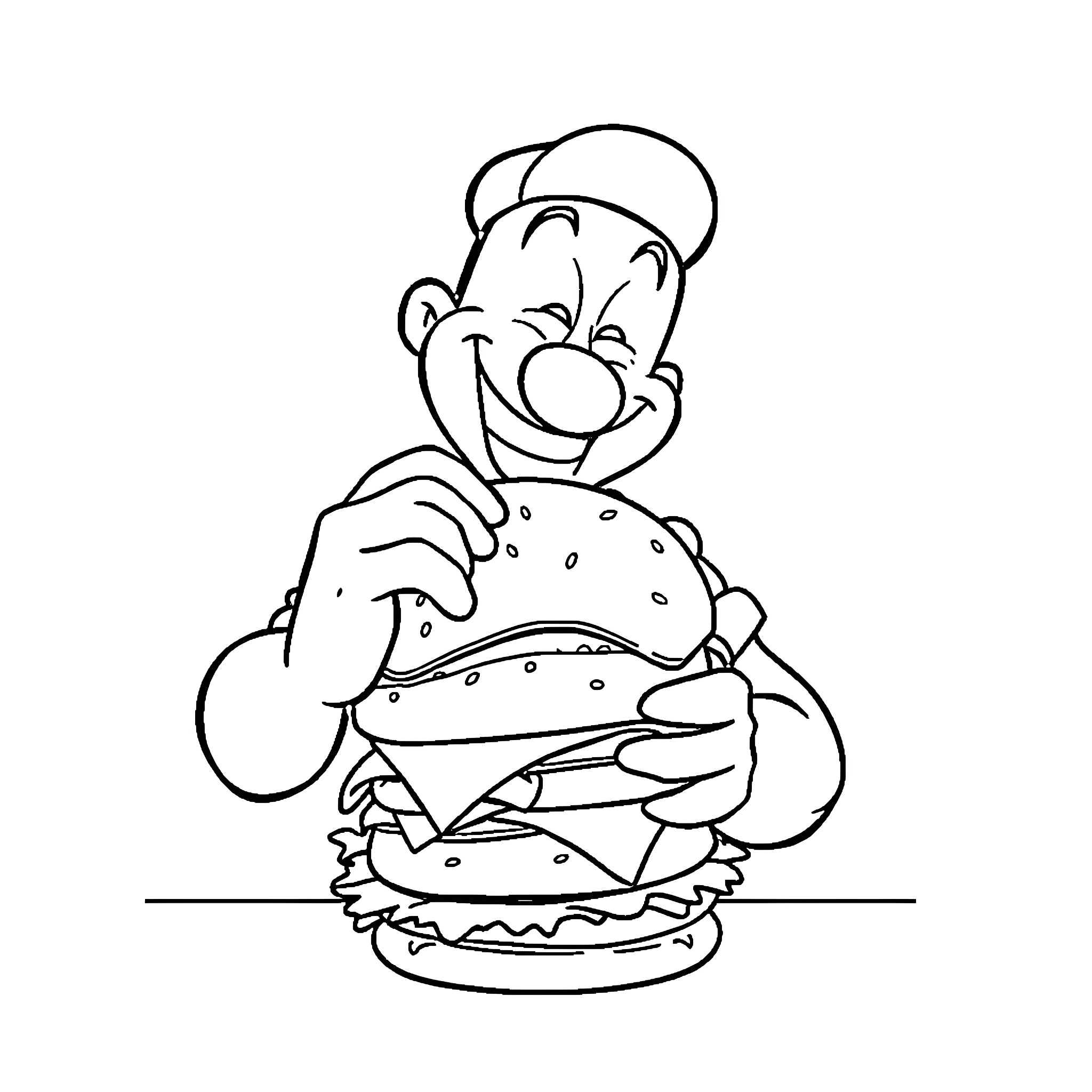 Popeye enjoys a tasty burger Coloring Page (free black-and-white line drawing printable PDF for all, from beginners to advanced learners, including children, teens, adults, and seniors)