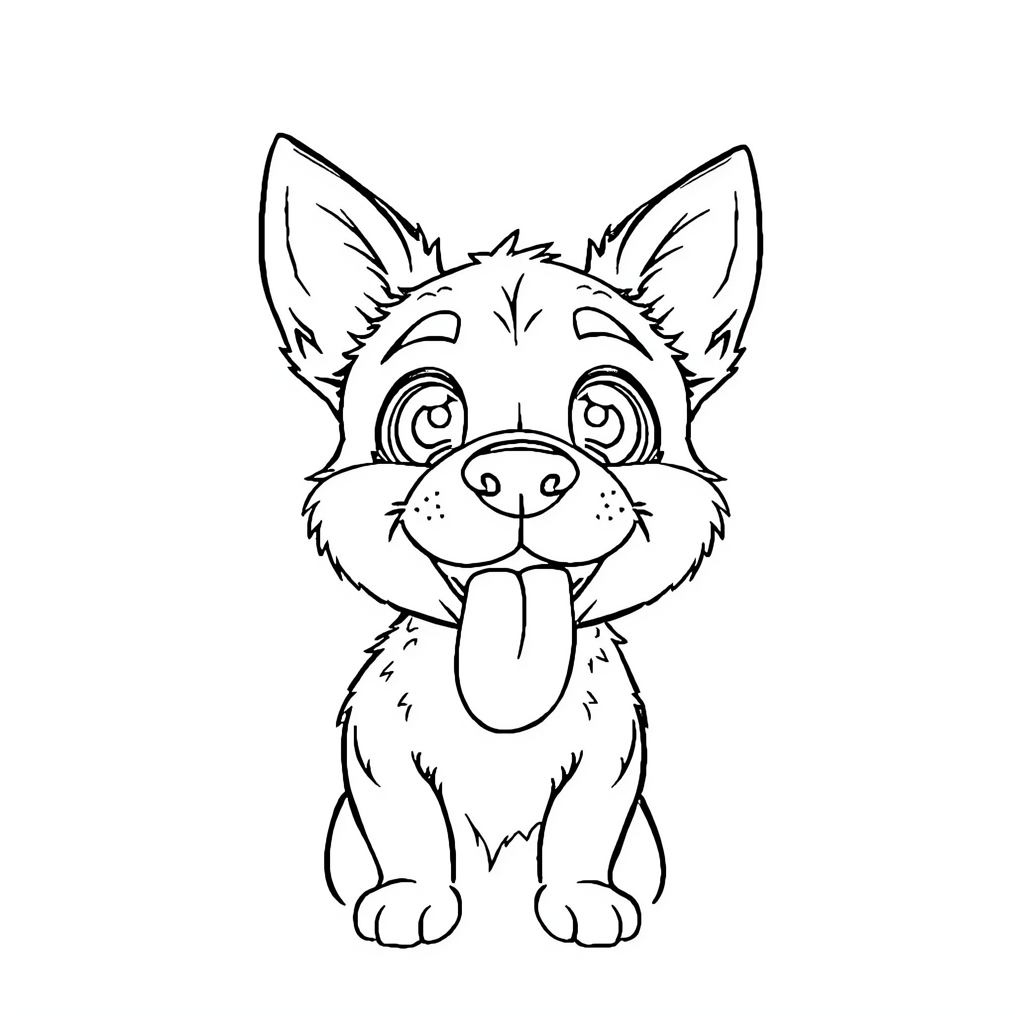 Dog sitting happily and showing tongue Coloring Page (free black-and-white line drawing printable PDF for all, from beginners to advanced learners, including children, teens, adults, and seniors)