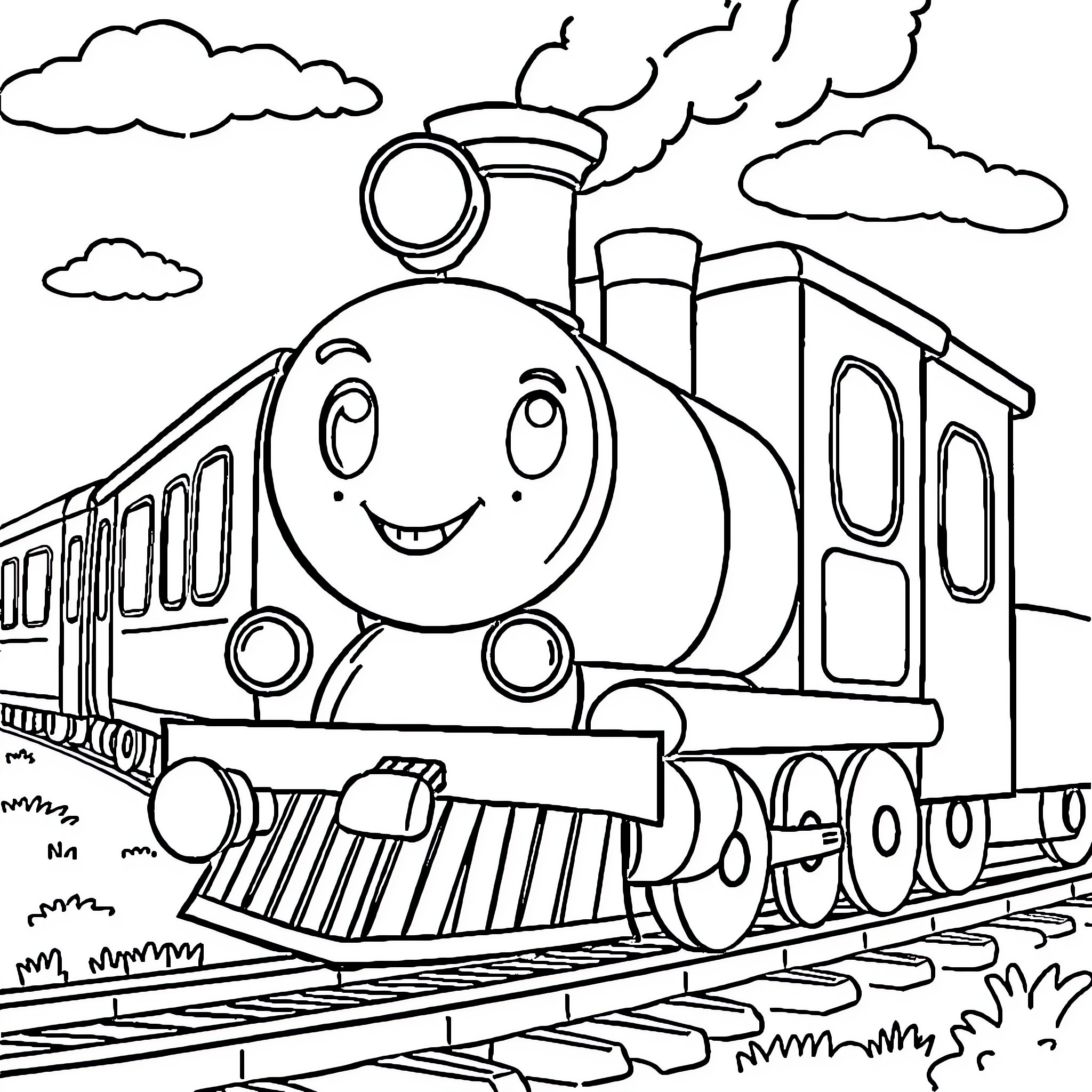 Cartoon Train Traveling on Tracks with a Smiling Expression Coloring Page (free black-and-white line drawing printable PDF for all, from beginners to advanced learners, including children, teens, adults, and seniors)