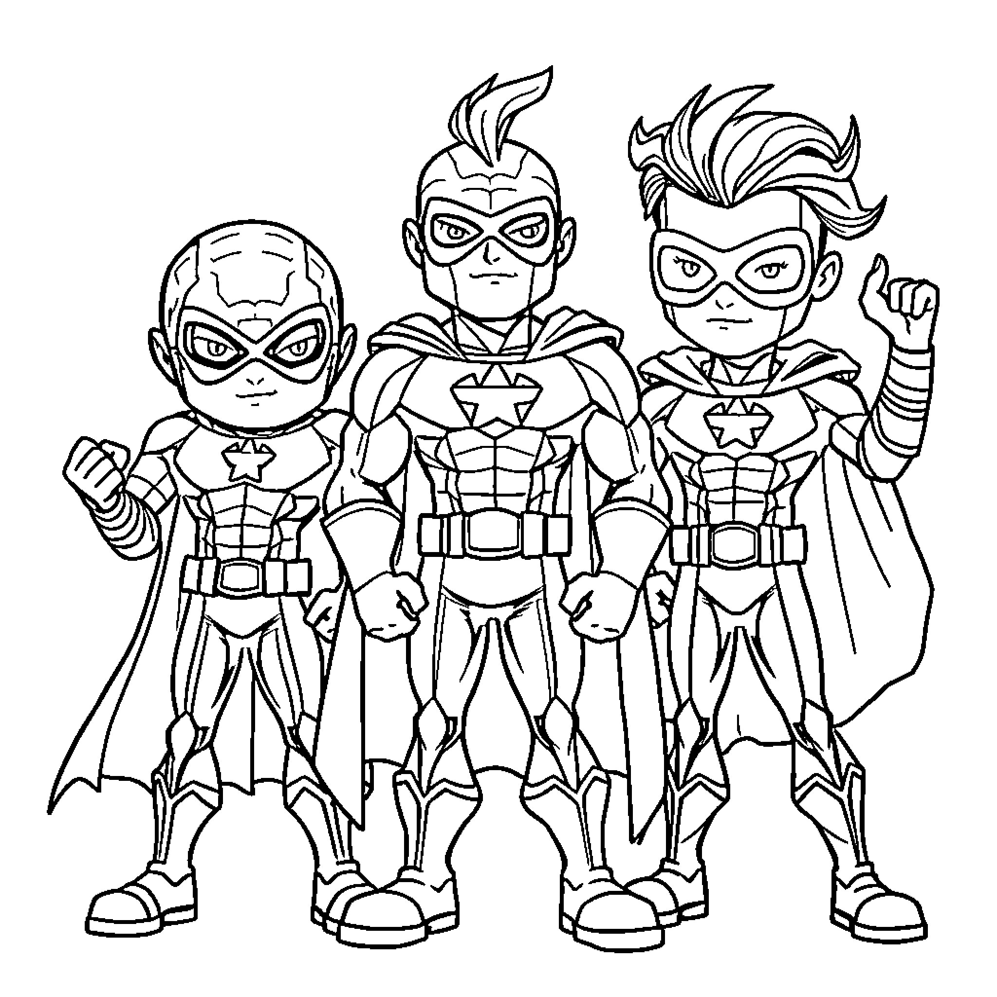 Hero Trio of Brave Superheroes in Action Coloring Page (free black-and-white line drawing printable PDF for all, from beginners to advanced learners, including children, teens, adults, and seniors)