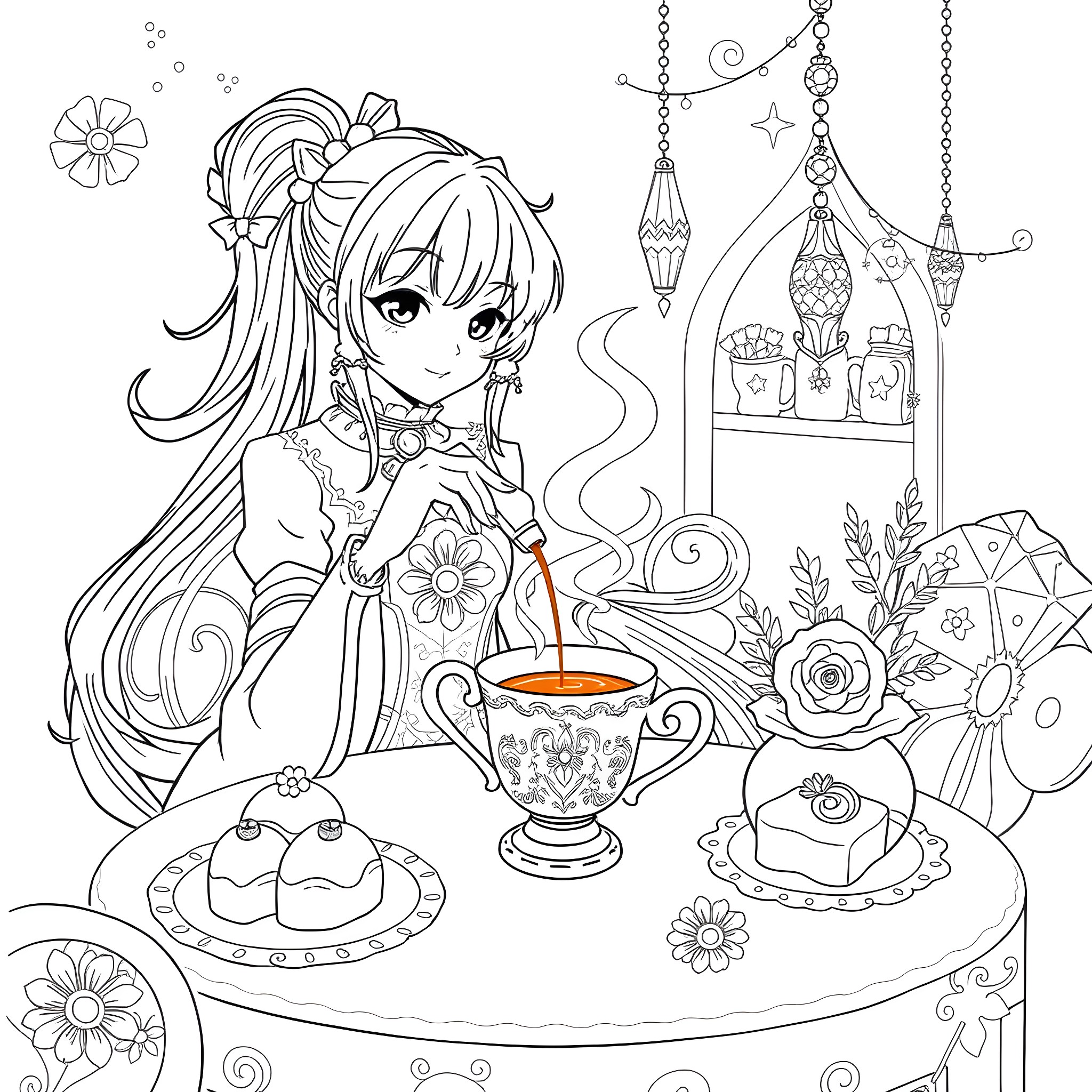 Aqua Tea Time with Delightful Sweets Coloring Page (free black-and-white line drawing printable PDF for all, from beginners to advanced learners, including children, teens, adults, and seniors)