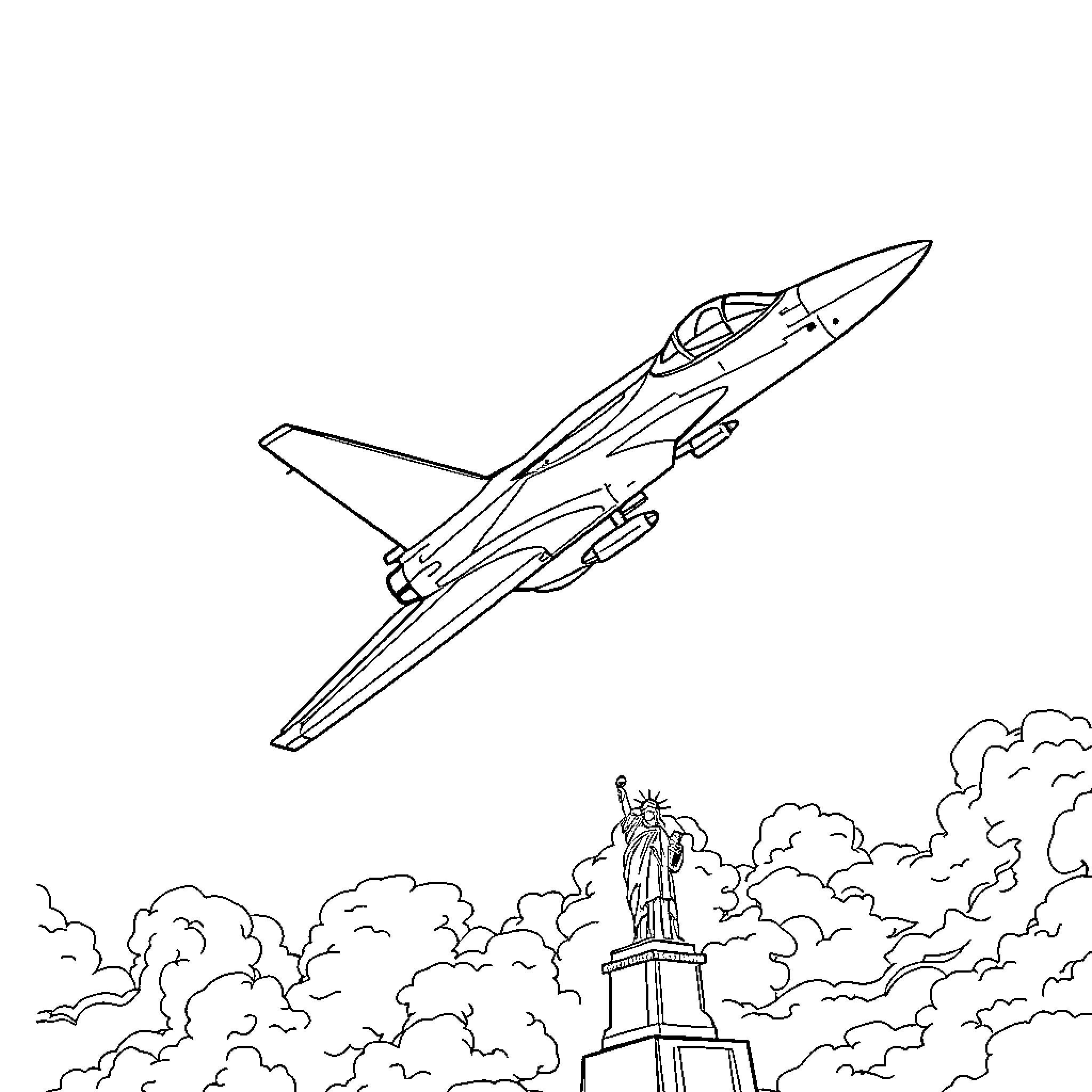 Fighter Jet Soaring Majestically Over Cityscape Coloring Page (free black-and-white line drawing printable PDF for all, from beginners to advanced learners, including children, teens, adults, and seniors)
