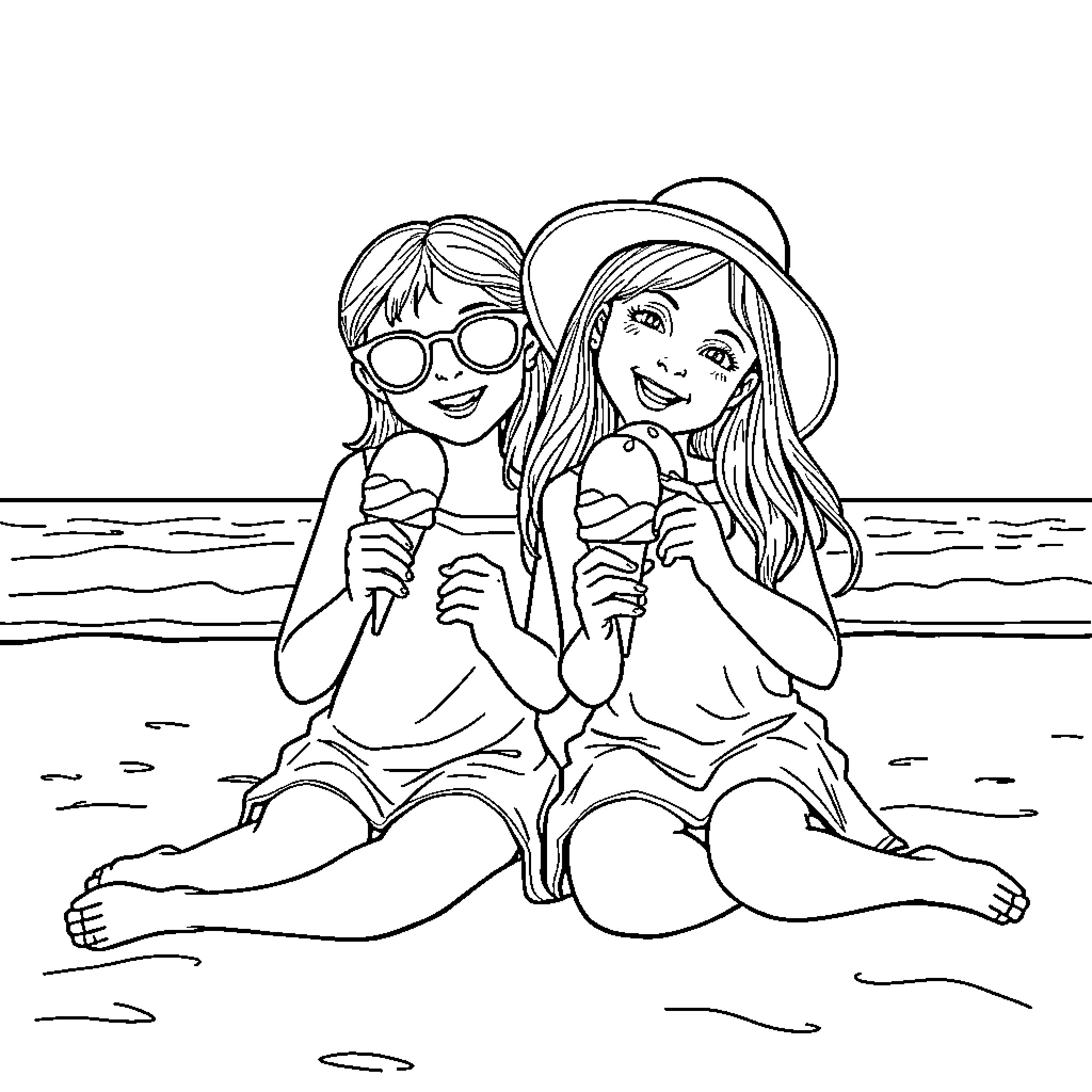 Sisters enjoying ice cream at the beach Coloring Page (free black-and-white line drawing printable PDF for all, from beginners to advanced learners, including children, teens, adults, and seniors)