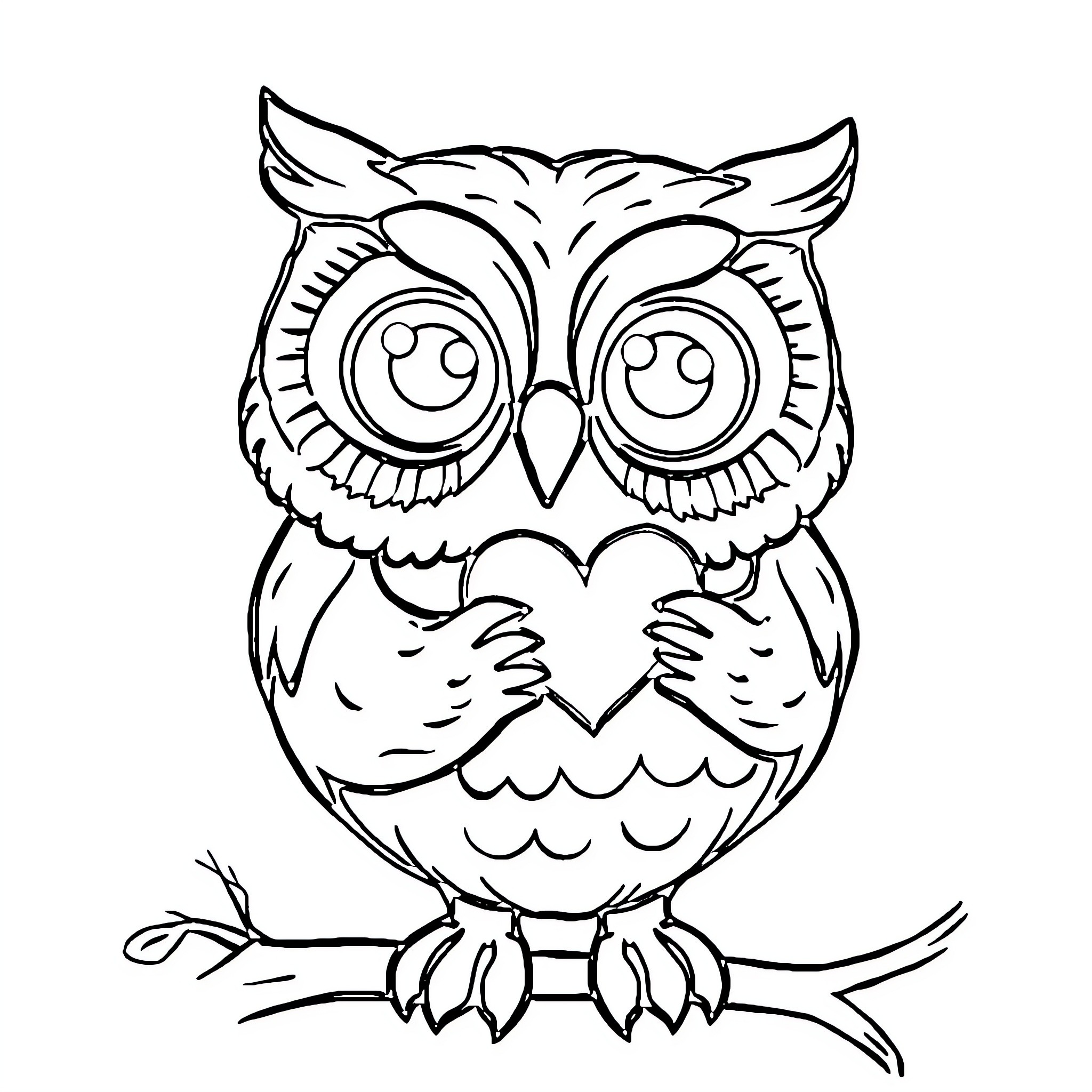 Owl with big eyes and expressive face Coloring Page (free black-and-white line drawing printable PDF for all, from beginners to advanced learners, including children, teens, adults, and seniors)