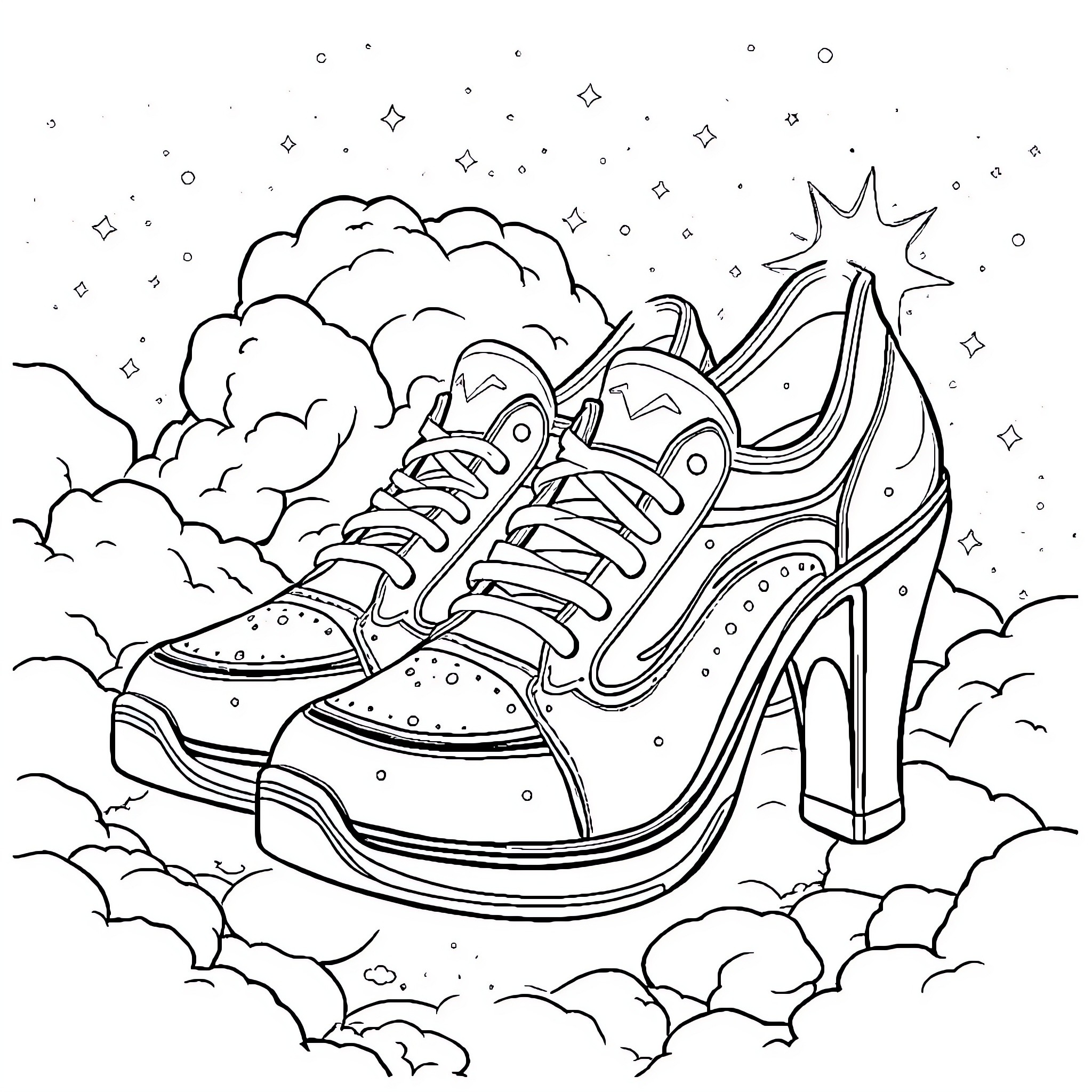 Shoe floating in the starry sky Coloring Page (free black-and-white line drawing printable PDF for all, from beginners to advanced learners, including children, teens, adults, and seniors)