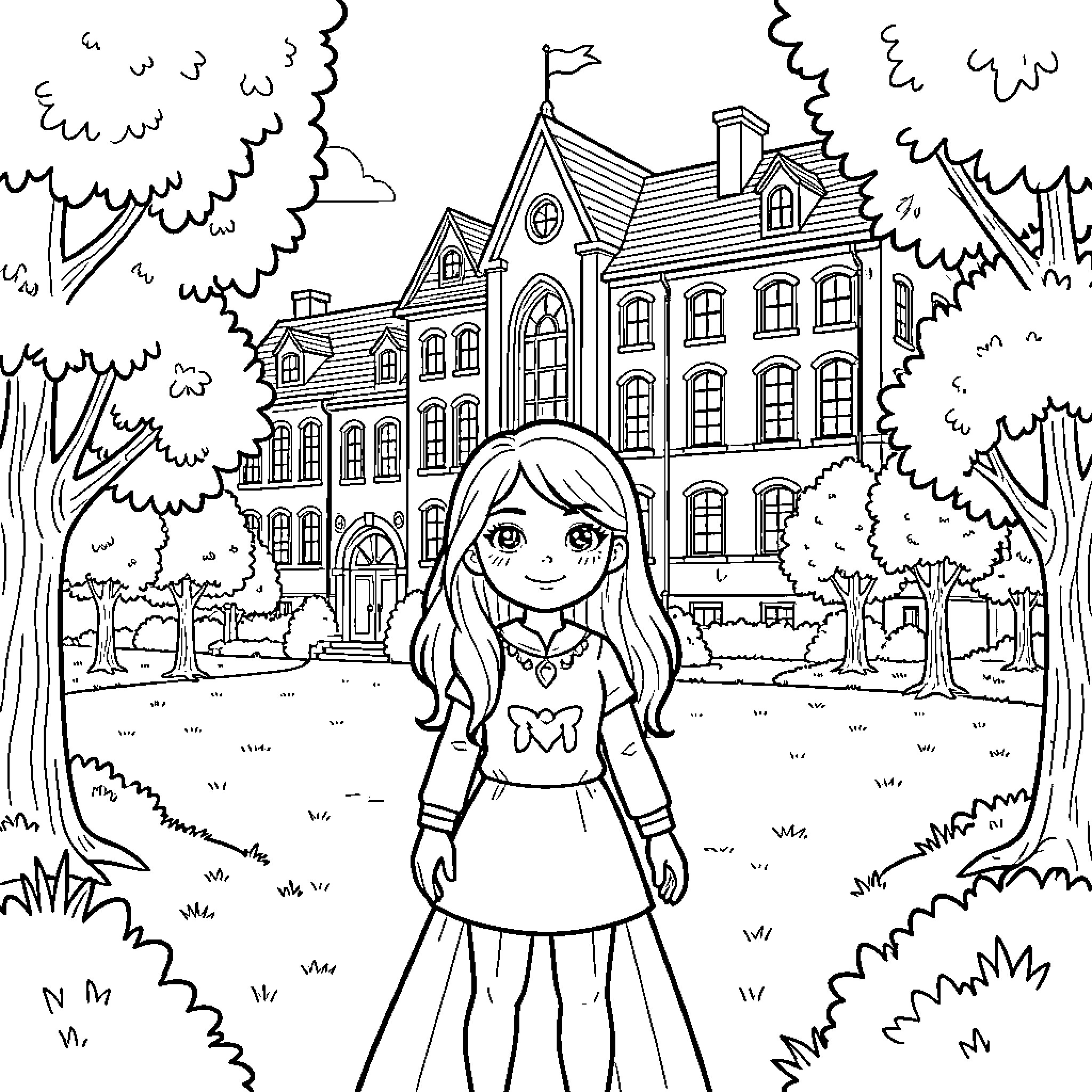 Unicorn themed girl standing in front of a large mansion Coloring Page (free black-and-white line drawing printable PDF for all, from beginners to advanced learners, including children, teens, adults, and seniors)