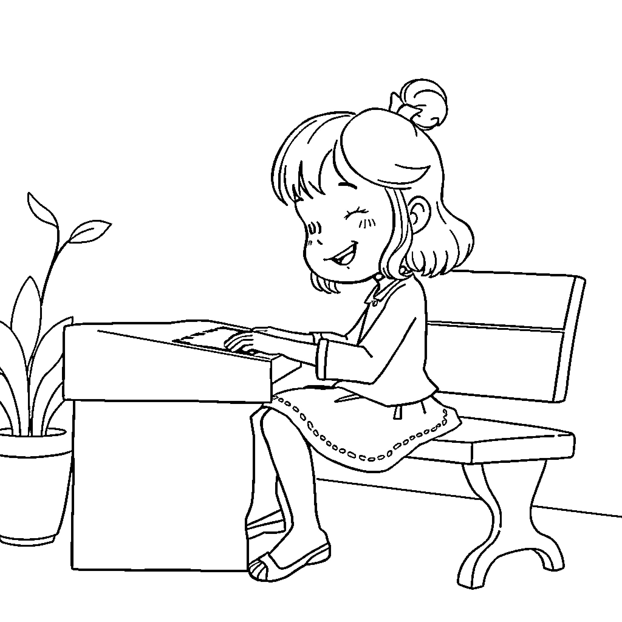 Nena playing happily on the piano Coloring Page (free black-and-white line drawing printable PDF for all, from beginners to advanced learners, including children, teens, adults, and seniors)