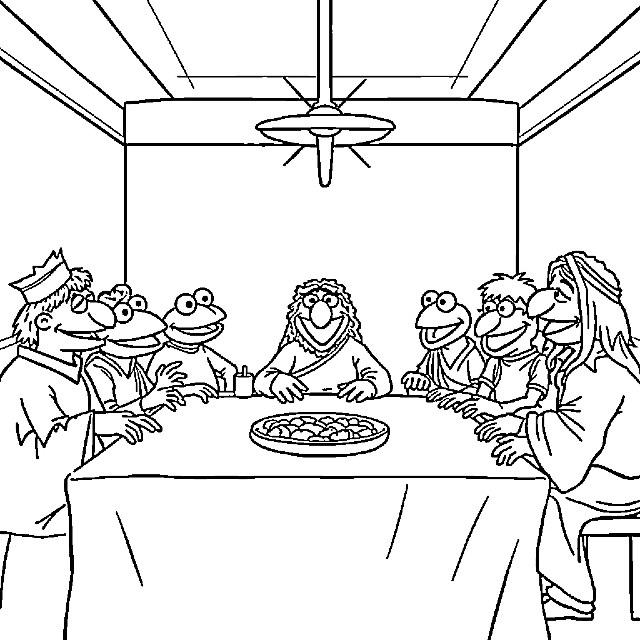 Muppets having a festive meal together Coloring Page (free black-and-white line drawing printable PDF for all, from beginners to advanced learners, including children, teens, adults, and seniors)
