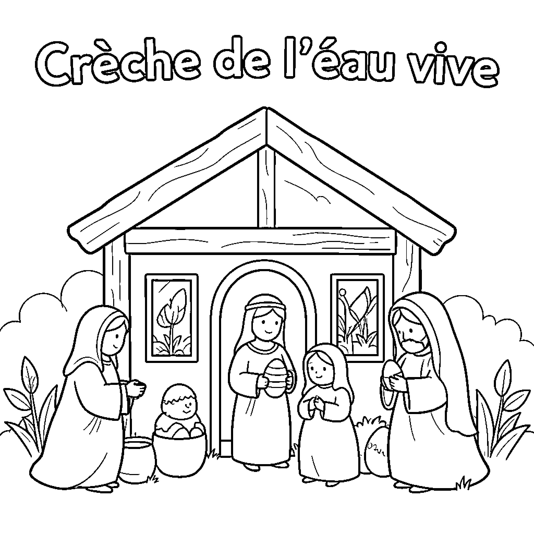 Crèche scene with family gathered outside Coloring Page (free black-and-white line drawing printable PDF for all, from beginners to advanced learners, including children, teens, adults, and seniors)