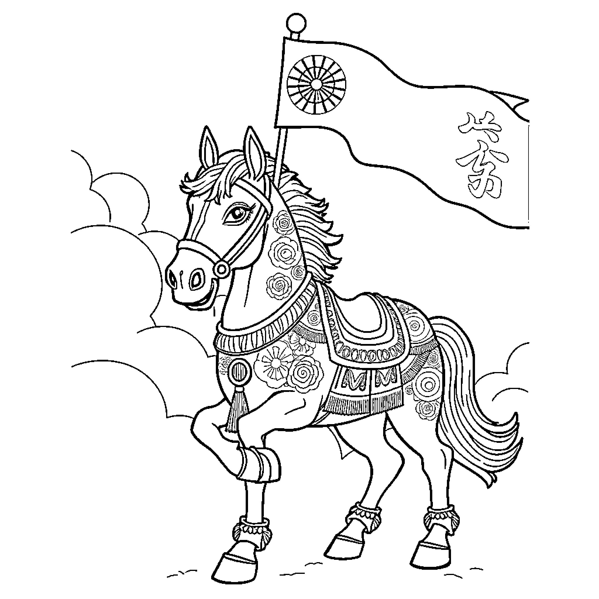 Horse carrying ornamental flag in the landscape Coloring Page (free black-and-white line drawing printable PDF for all, from beginners to advanced learners, including children, teens, adults, and seniors)