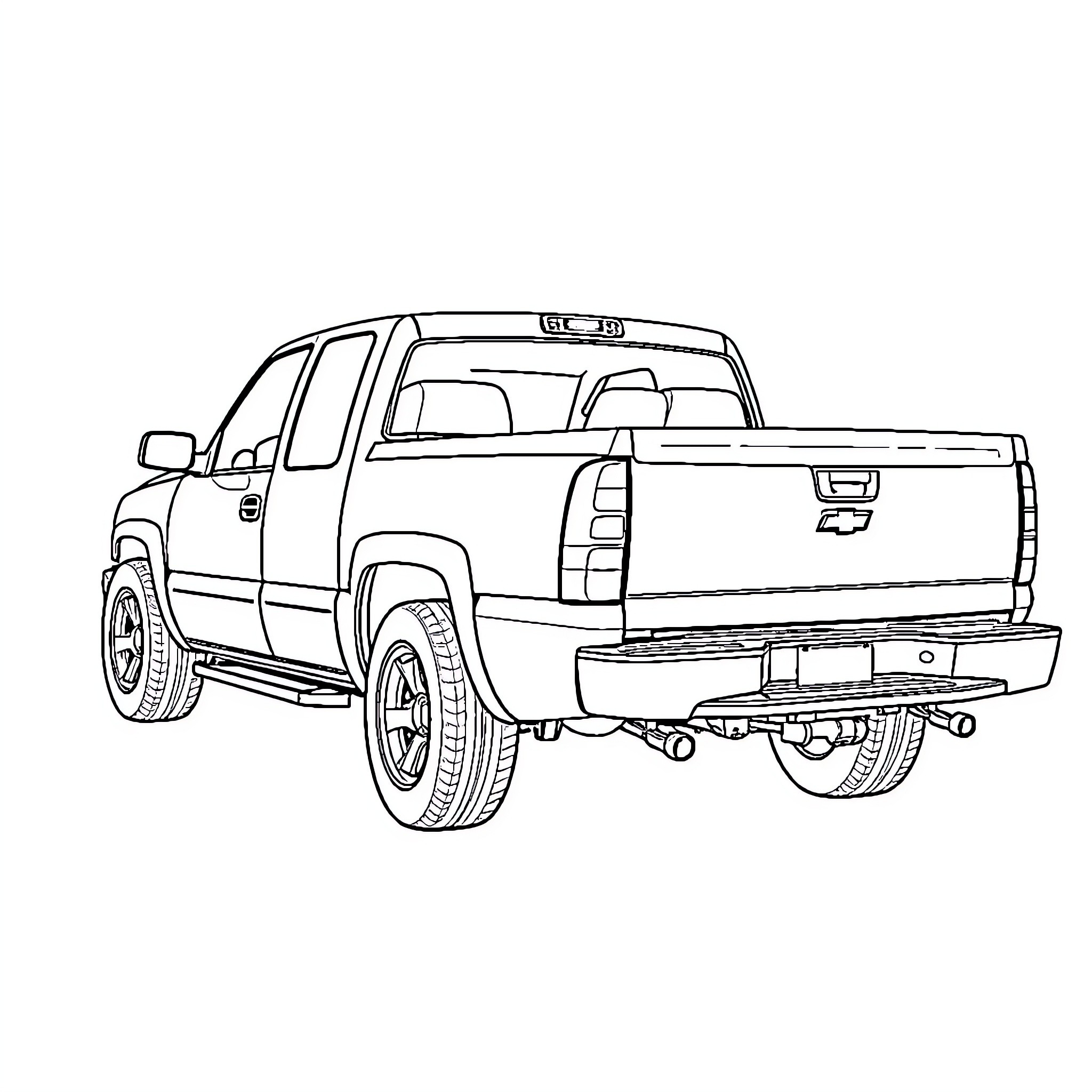 Silverado pickup truck on the road Coloring Page (free black-and-white line drawing printable PDF for all, from beginners to advanced learners, including children, teens, adults, and seniors)