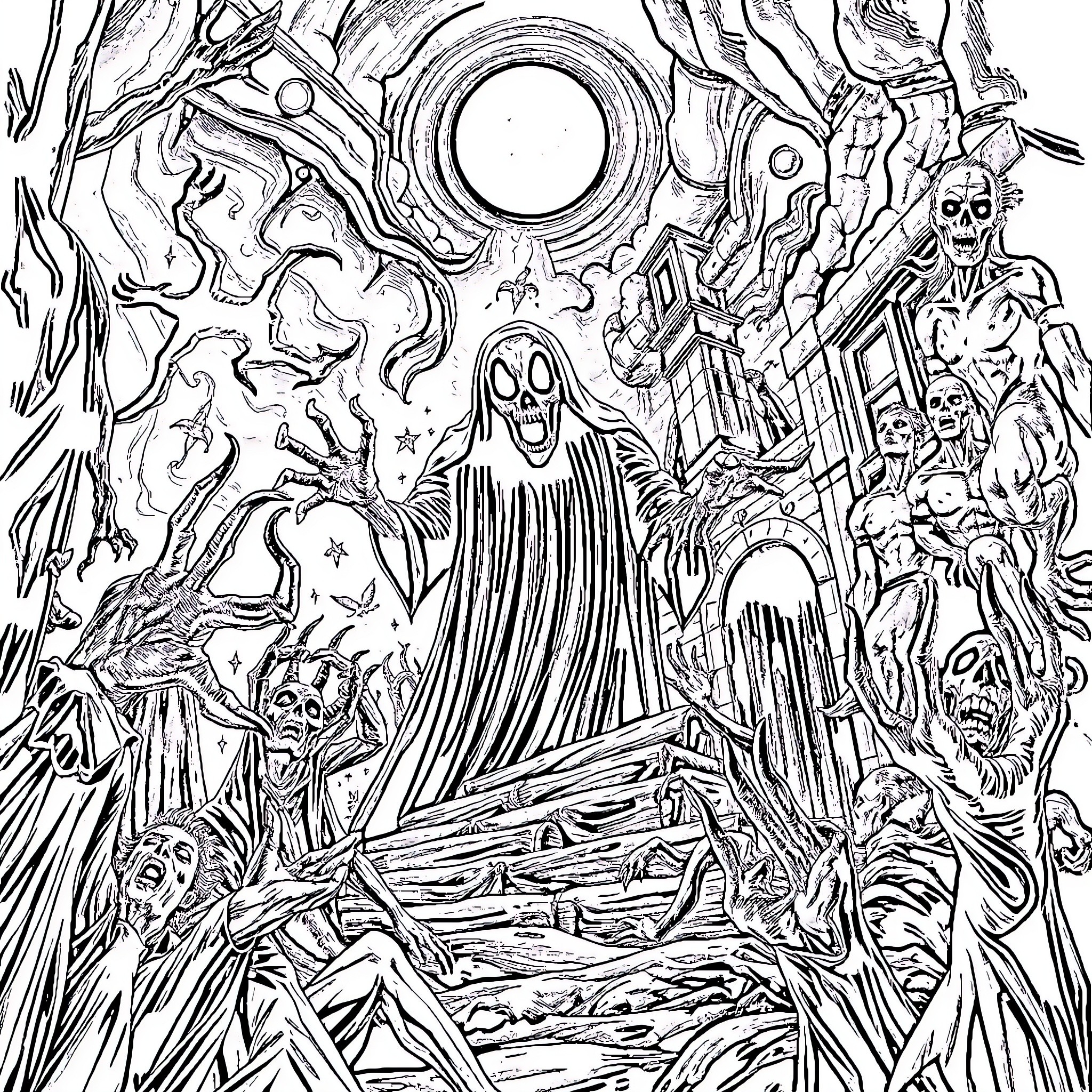 Horror Nightmarish Creatures Haunting the Eerie Scene Coloring Page (free black-and-white line drawing printable PDF for all, from beginners to advanced learners, including children, teens, adults, and seniors)