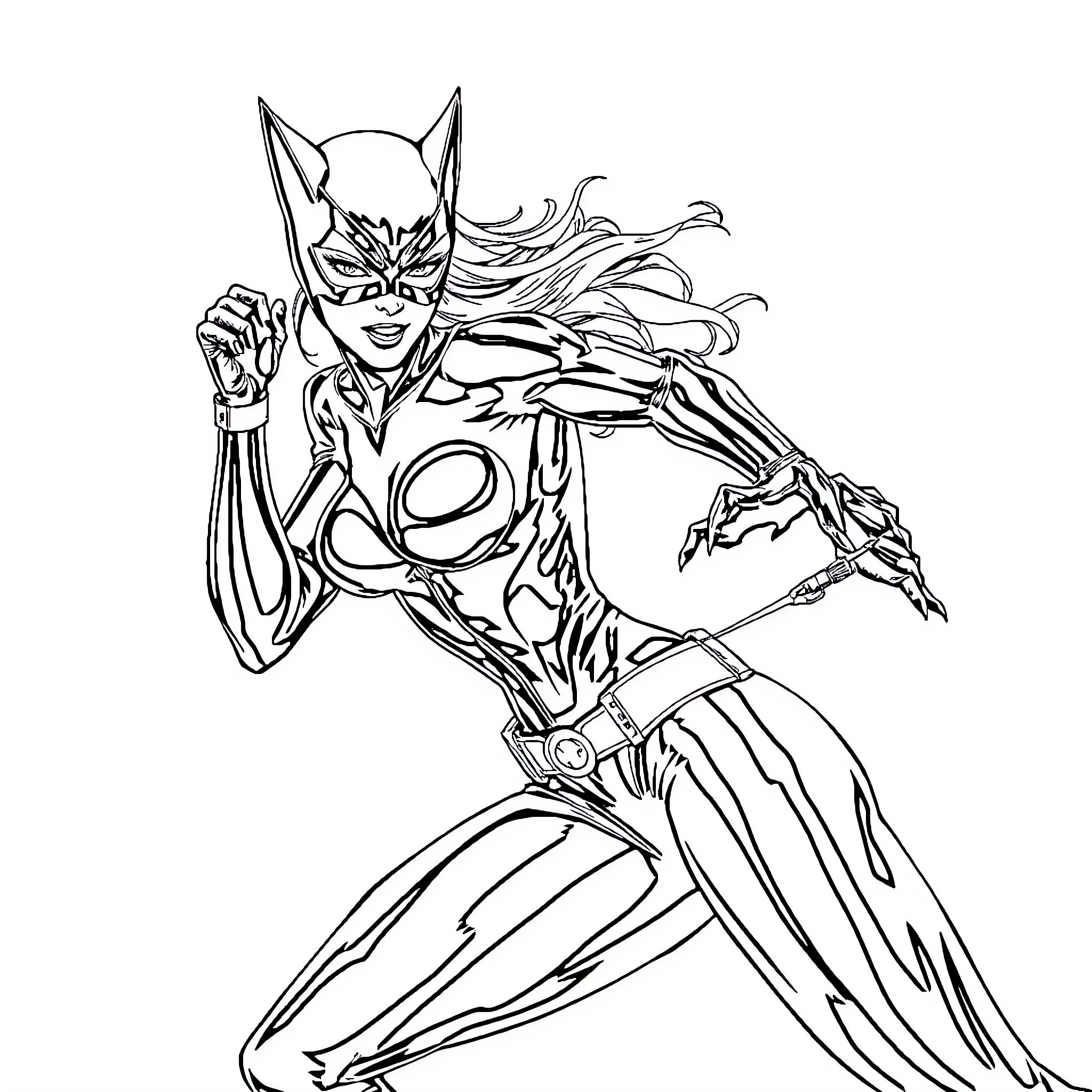 Catwoman in action-packed superhero pose Coloring Page (free black-and-white line drawing printable PDF for all, from beginners to advanced learners, including children, teens, adults, and seniors)