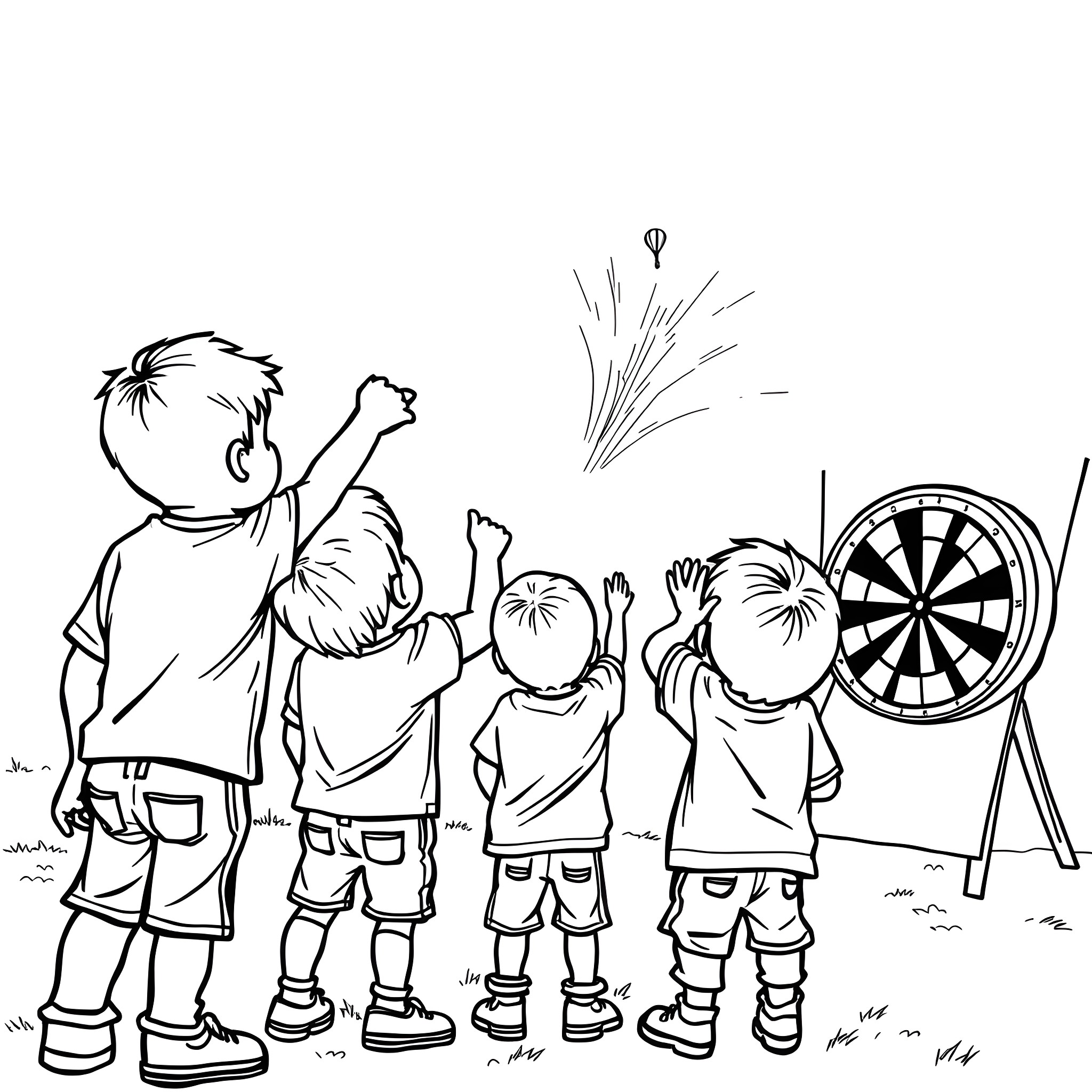 Kids enjoying fireworks at a park Coloring Page (free black-and-white line drawing printable PDF for all, from beginners to advanced learners, including children, teens, adults, and seniors)