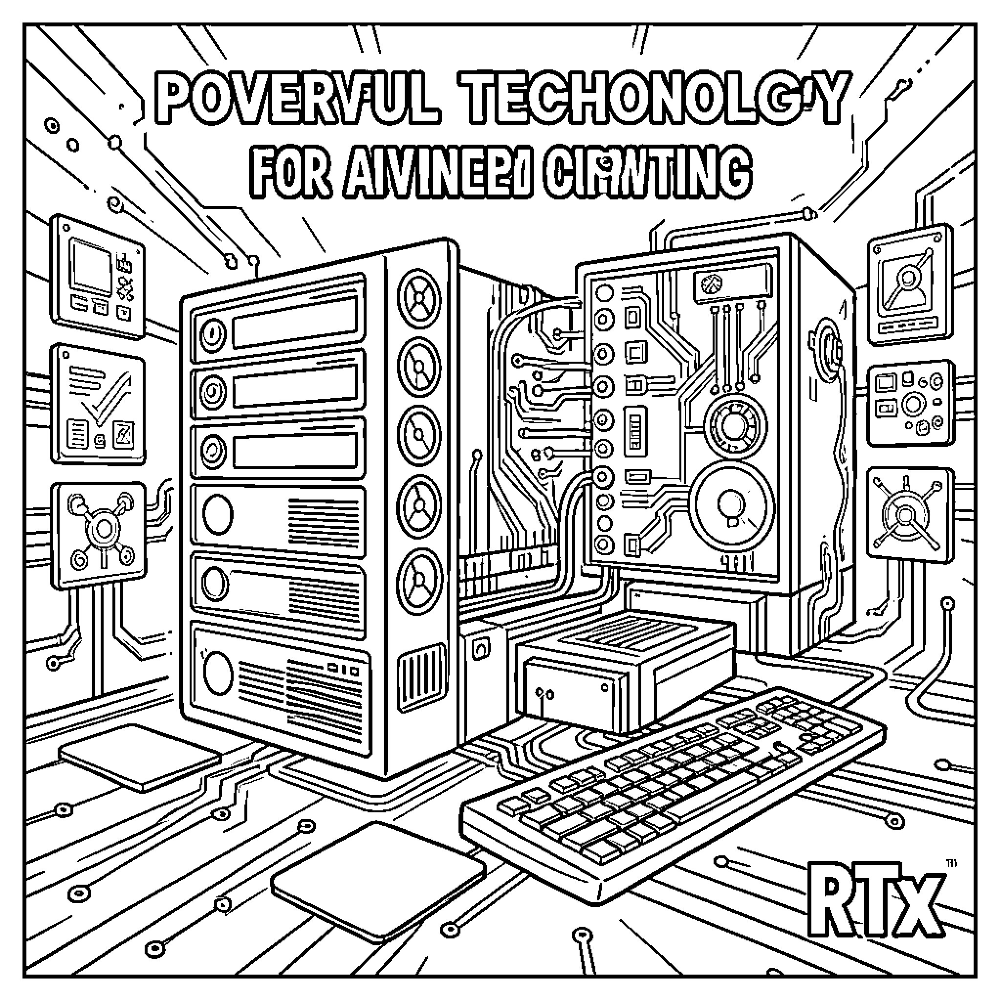 RTx powerful technology hardware and complex electronic components Coloring Page (free black-and-white line drawing printable PDF for all, from beginners to advanced learners, including children, teens, adults, and seniors)