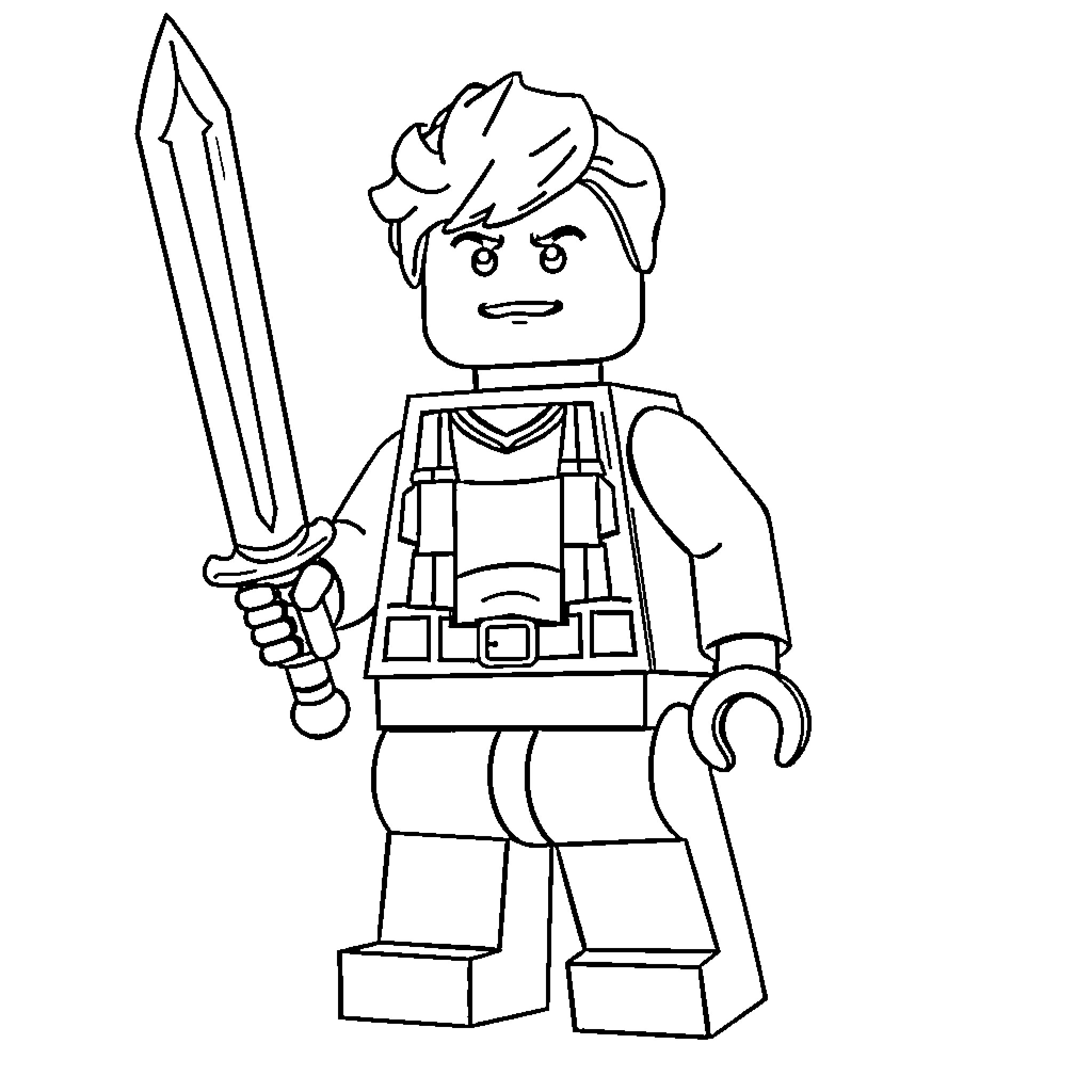 Lego Man with Sword and Determined Expression Coloring Page (free black-and-white line drawing printable PDF for all, from beginners to advanced learners, including children, teens, adults, and seniors)