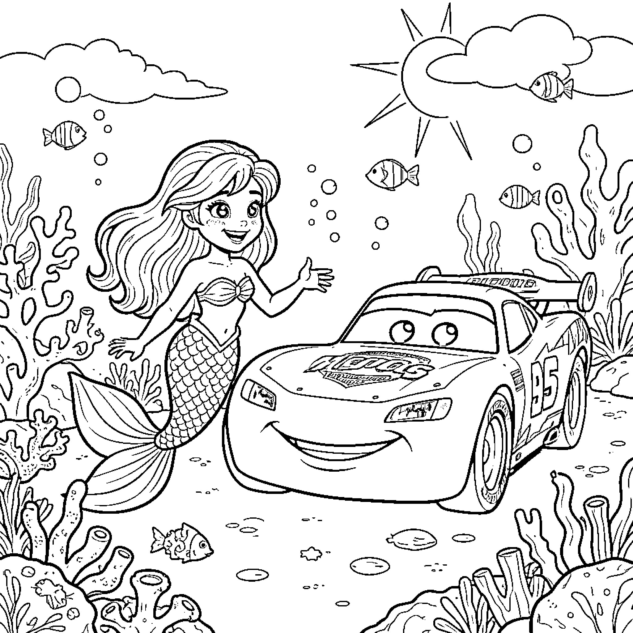 Mermaid smiling and greeting a cartoon race car Coloring Page (free black-and-white line drawing printable PDF for all, from beginners to advanced learners, including children, teens, adults, and seniors)