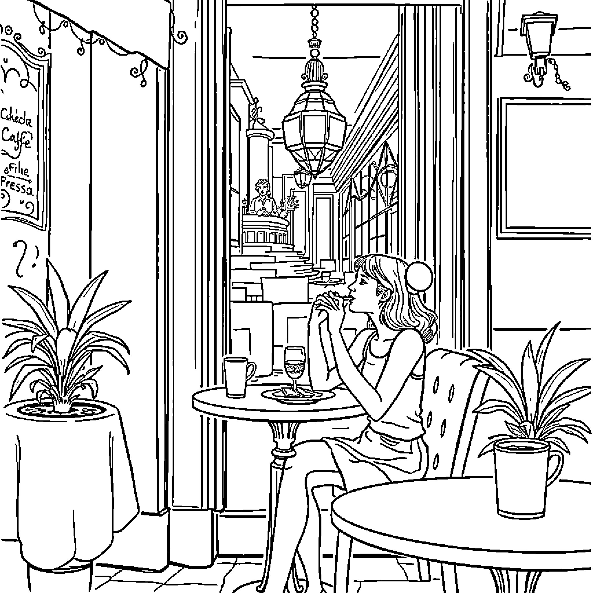 Lady enjoying a cafe moment in a lively city street Coloring Page (free black-and-white line drawing printable PDF for all, from beginners to advanced learners, including children, teens, adults, and seniors)