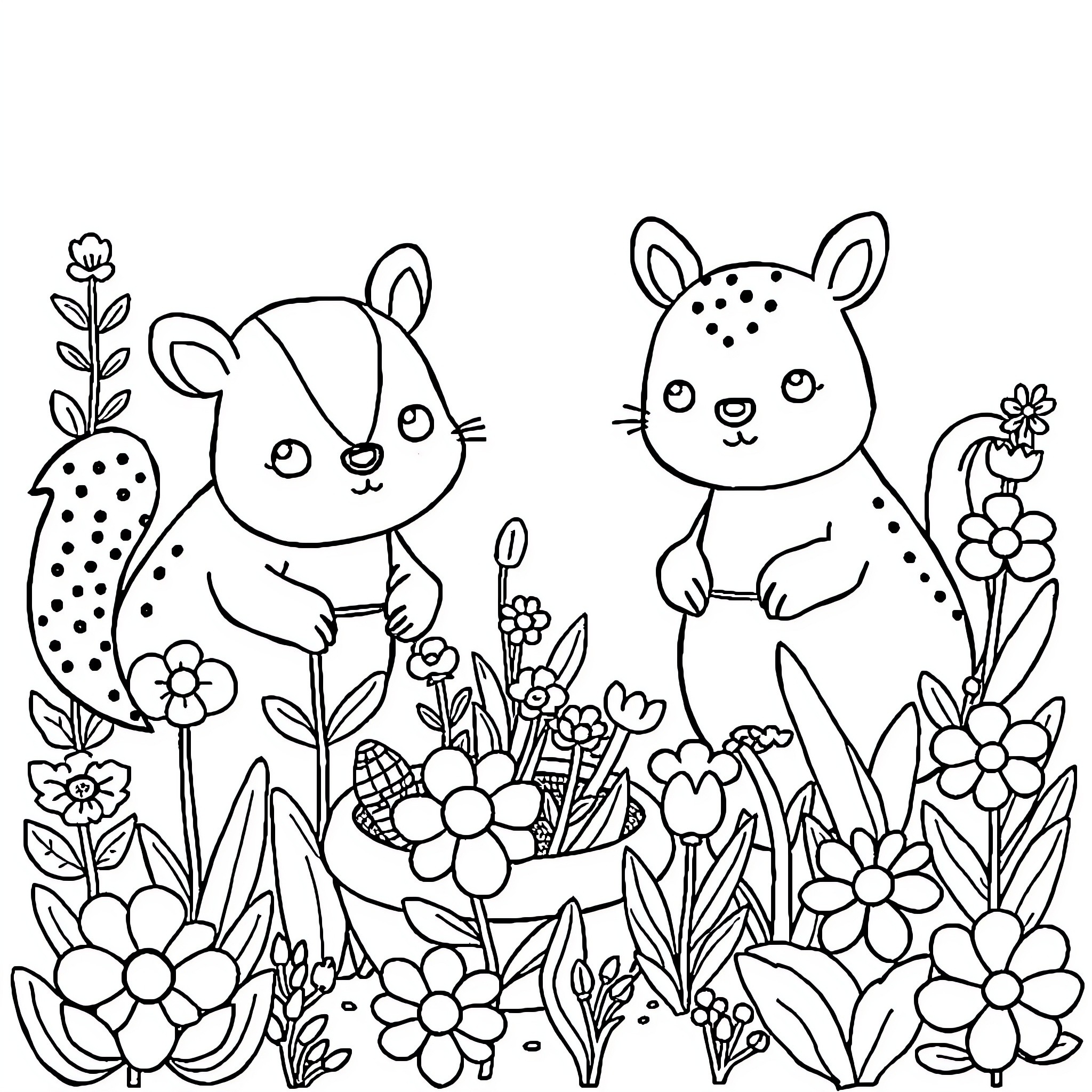 Animals playing happily with flowers in a garden Coloring Page (free black-and-white line drawing printable PDF for all, from beginners to advanced learners, including children, teens, adults, and seniors)