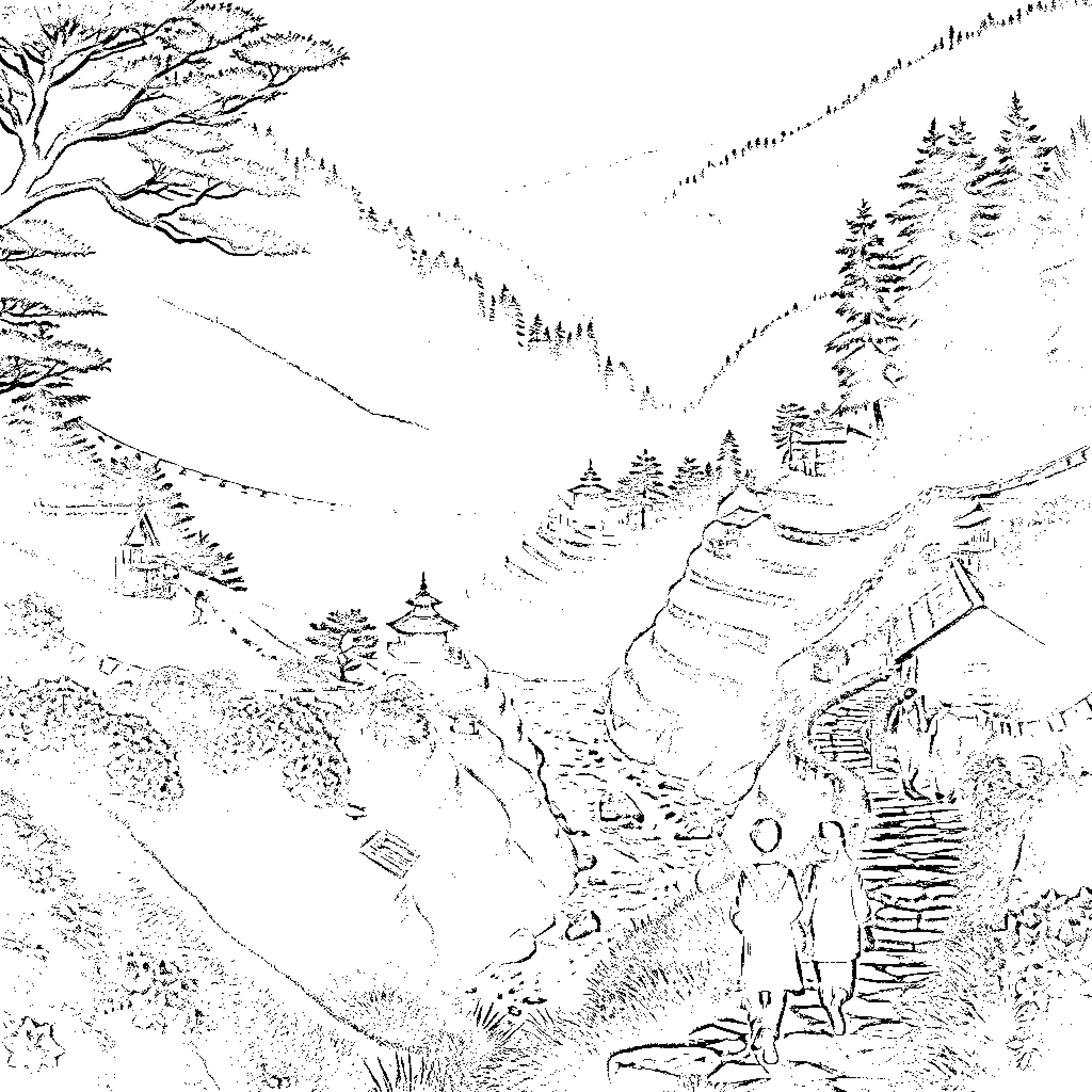 Nepali Manga: Tranquil Mountain Landscape Coloring Page (free black-and-white line drawing printable PDF for all, from beginners to advanced learners, including children, teens, adults, and seniors)