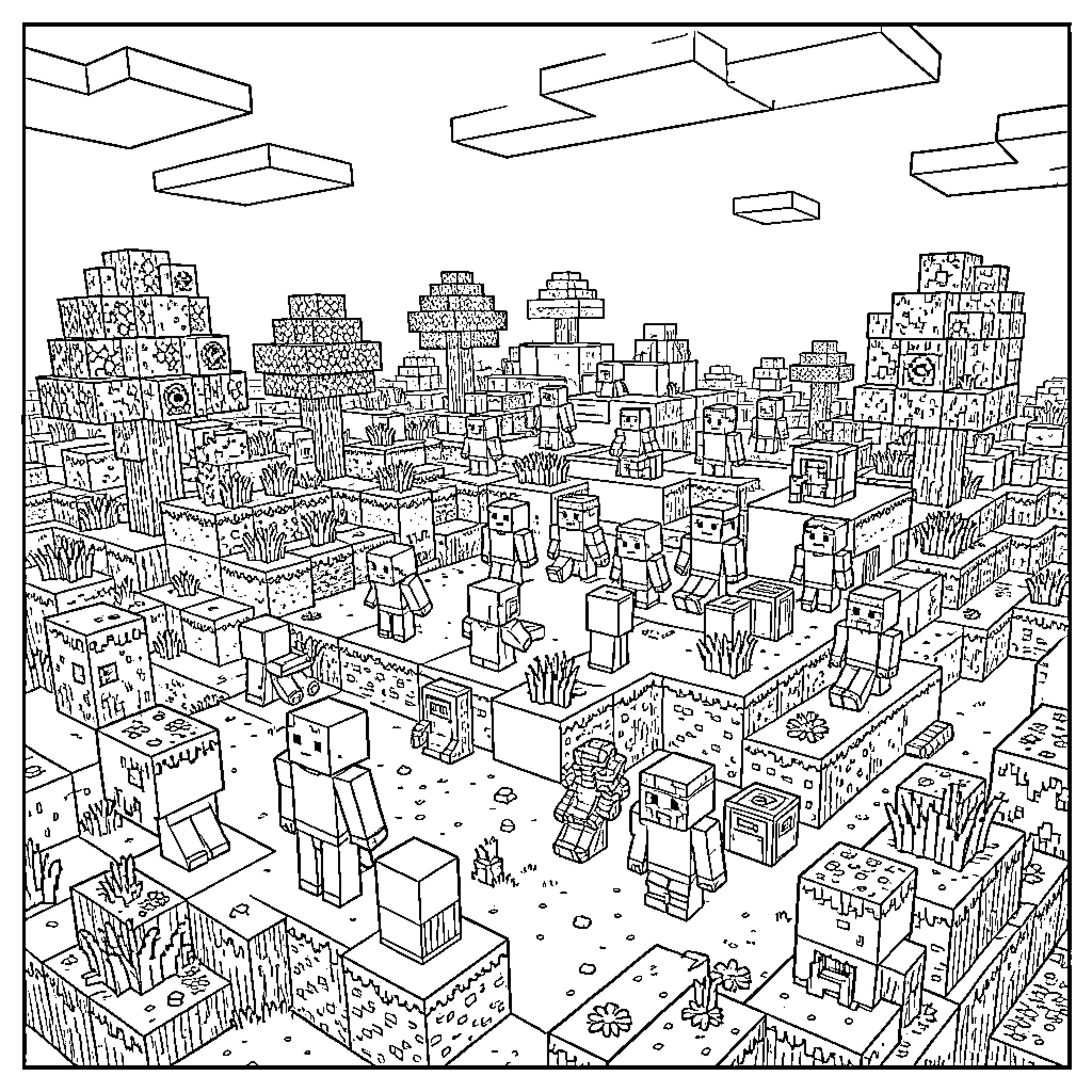 Minecraft Cityscape with Diverse Structures and Characters Coloring Page (free black-and-white line drawing printable PDF for all, from beginners to advanced learners, including children, teens, adults, and seniors)
