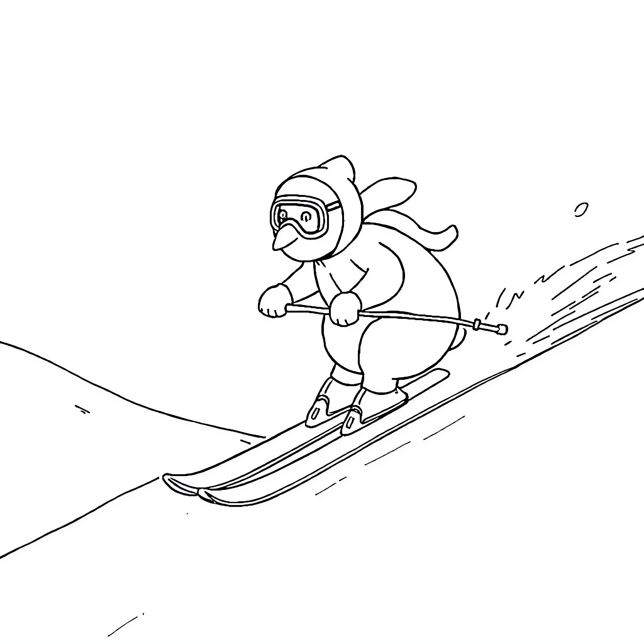 Caca character skiing down a snowy slope Coloring Page (free black-and-white line drawing printable PDF for all, from beginners to advanced learners, including children, teens, adults, and seniors)