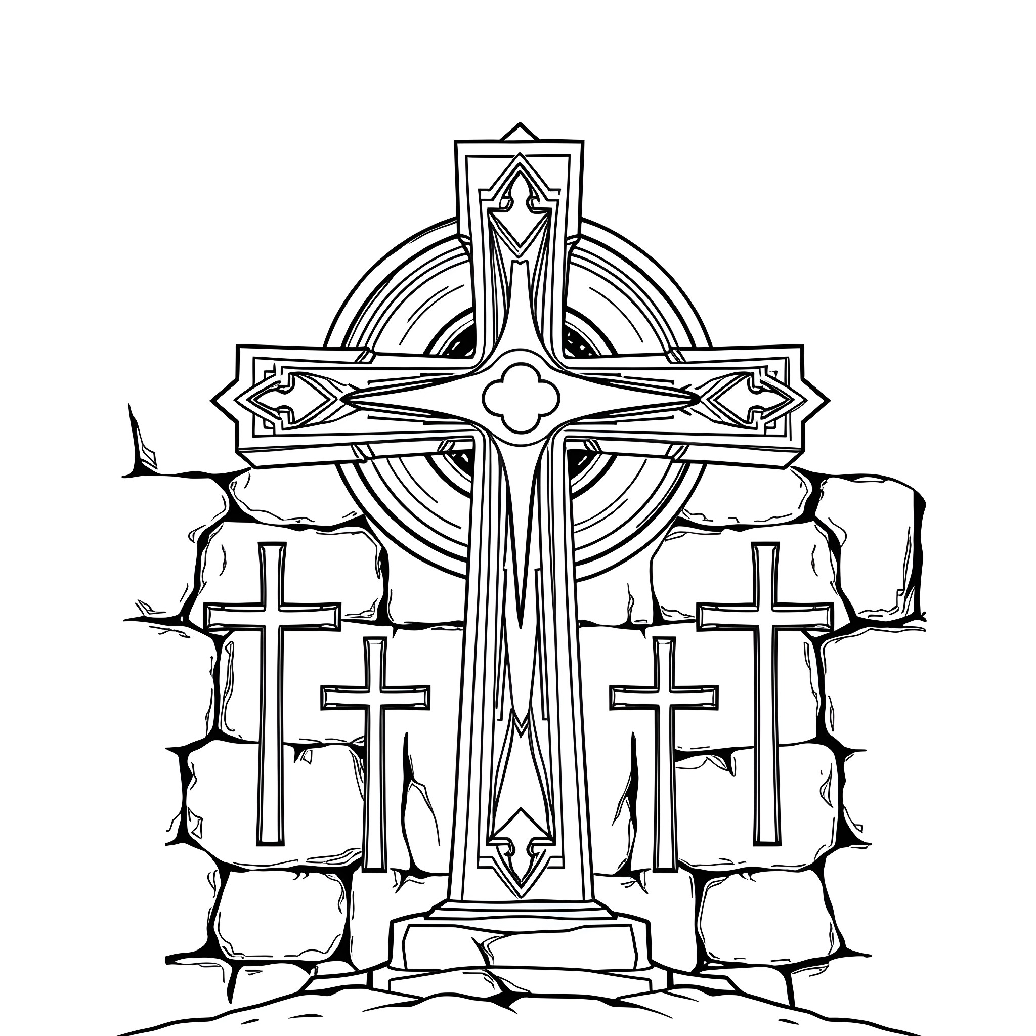 Jerusalem Cross in a stone setting Coloring Page (free black-and-white line drawing printable PDF for all, from beginners to advanced learners, including children, teens, adults, and seniors)
