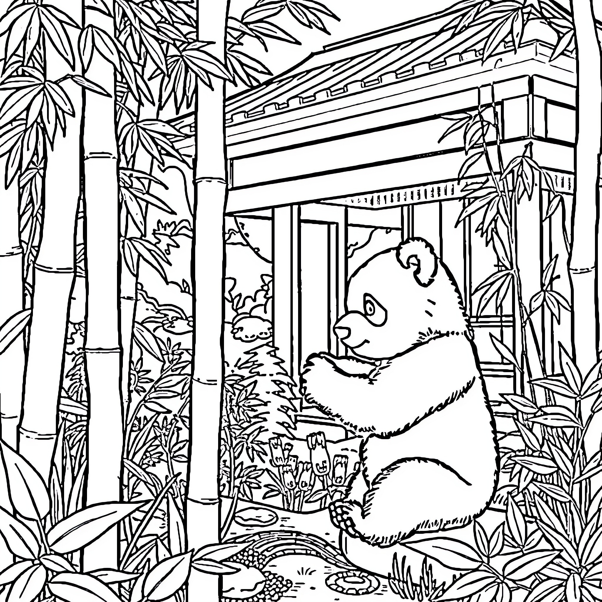 Panda exploring bamboo forest scenery Coloring Page (free black-and-white line drawing printable PDF for all, from beginners to advanced learners, including children, teens, adults, and seniors)