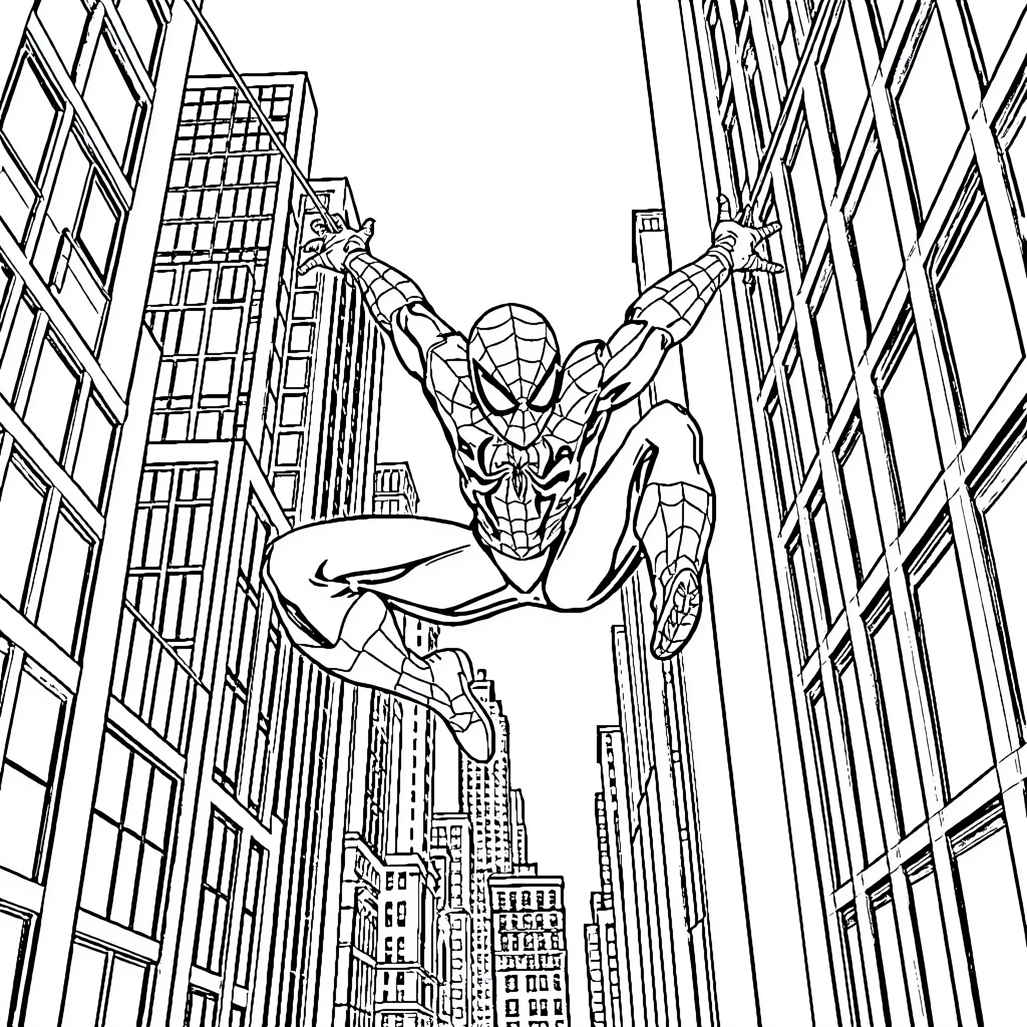 Spiderman swinging through the city skyscrapers Coloring Page (free black-and-white line drawing printable PDF for all, from beginners to advanced learners, including children, teens, adults, and seniors)