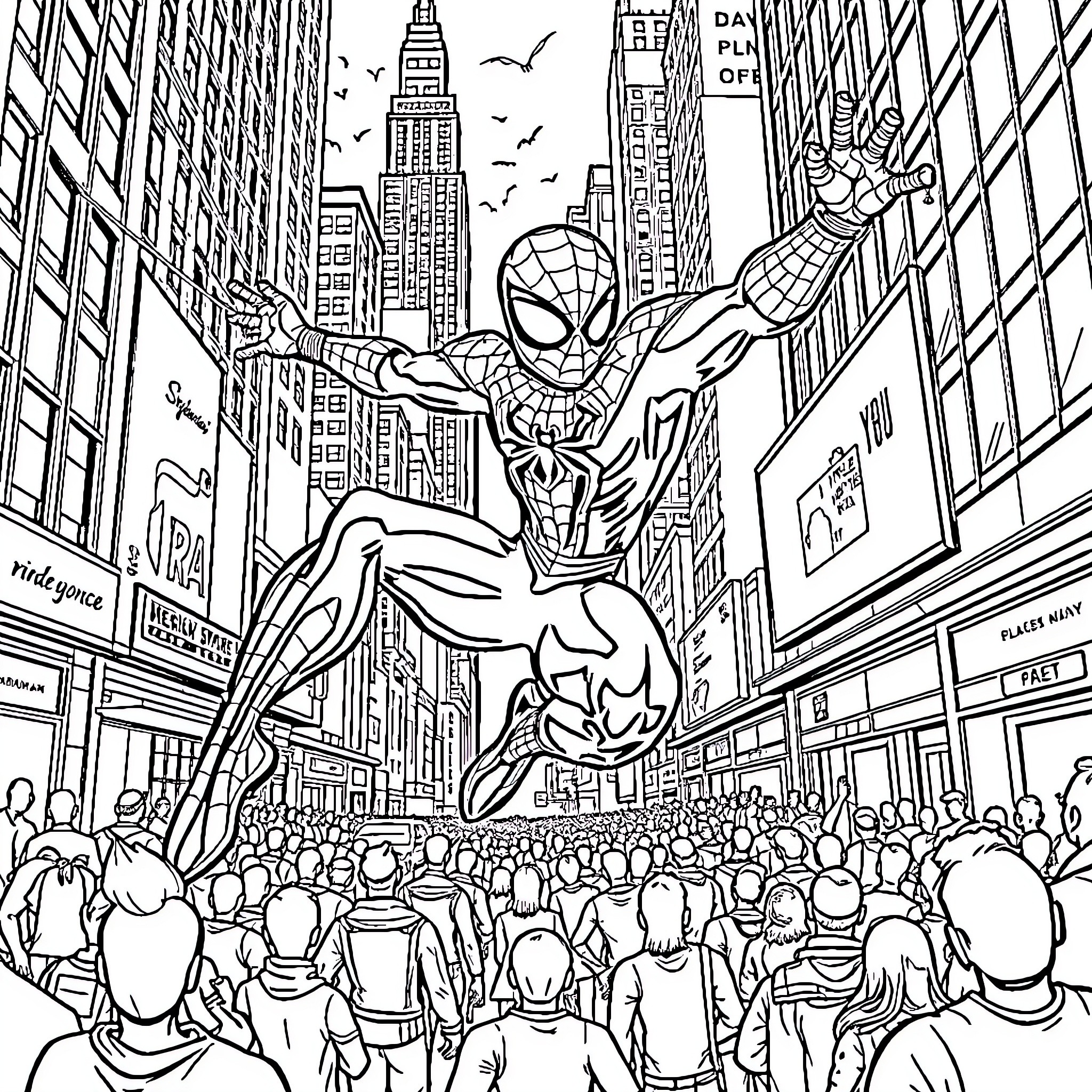 Spiderman swinging through the bustling city streets Coloring Page (free black-and-white line drawing printable PDF for all, from beginners to advanced learners, including children, teens, adults, and seniors)