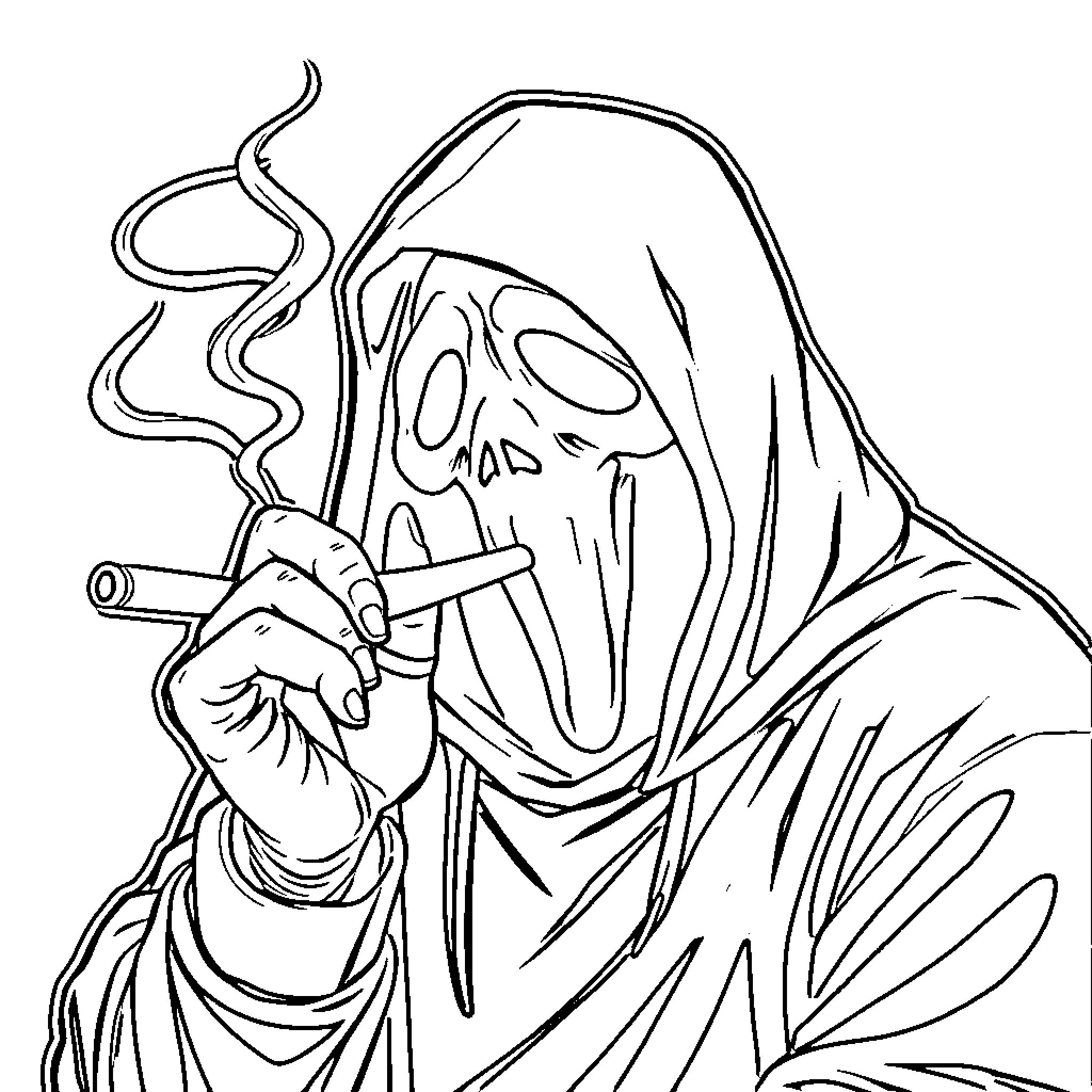 Ghostface character smoking menacingly in the dark Coloring Page (free black-and-white line drawing printable PDF for all, from beginners to advanced learners, including children, teens, adults, and seniors)
