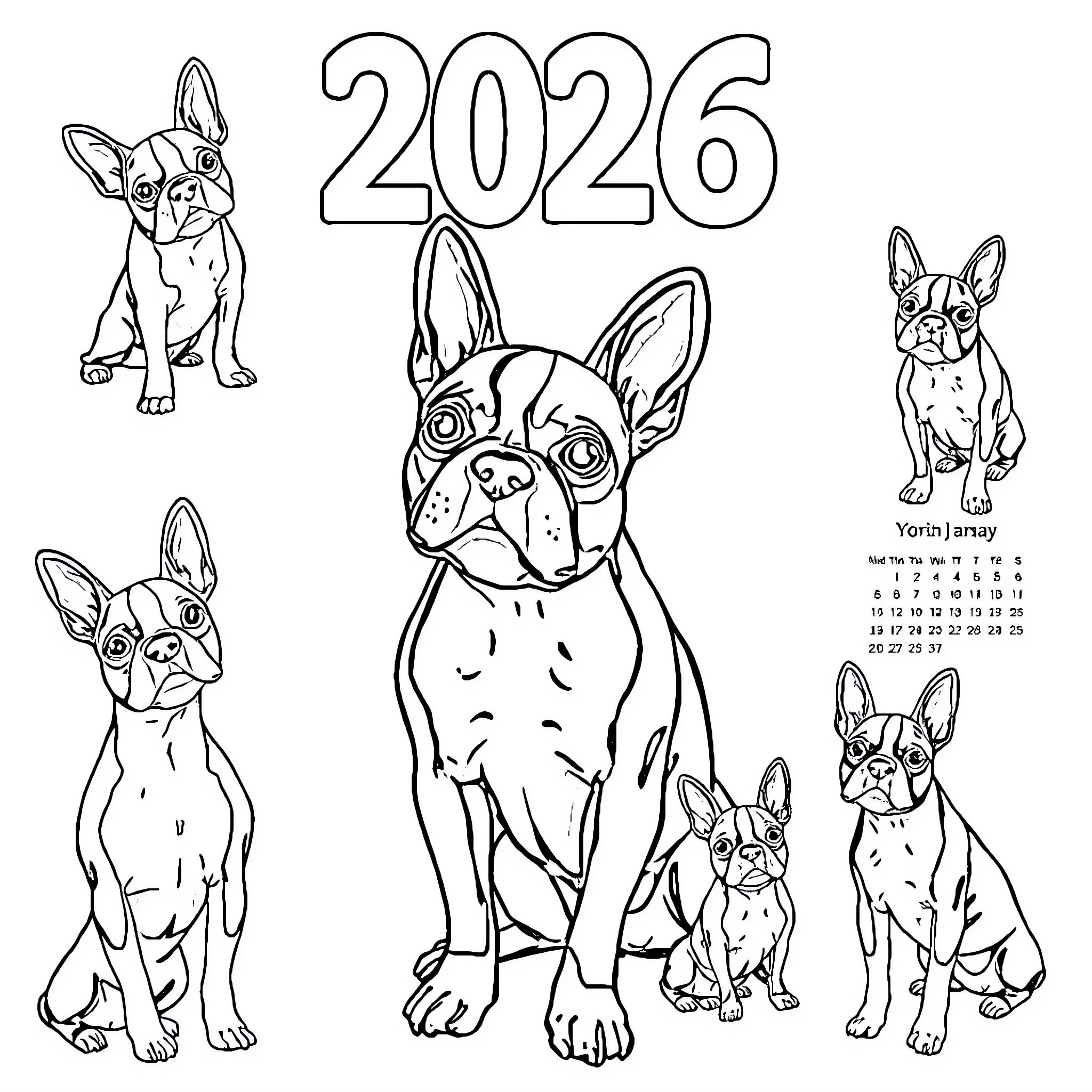 Boston Terrier dogs playing and posing in 2026 Coloring Page (free black-and-white line drawing printable PDF for all, from beginners to advanced learners, including children, teens, adults, and seniors)