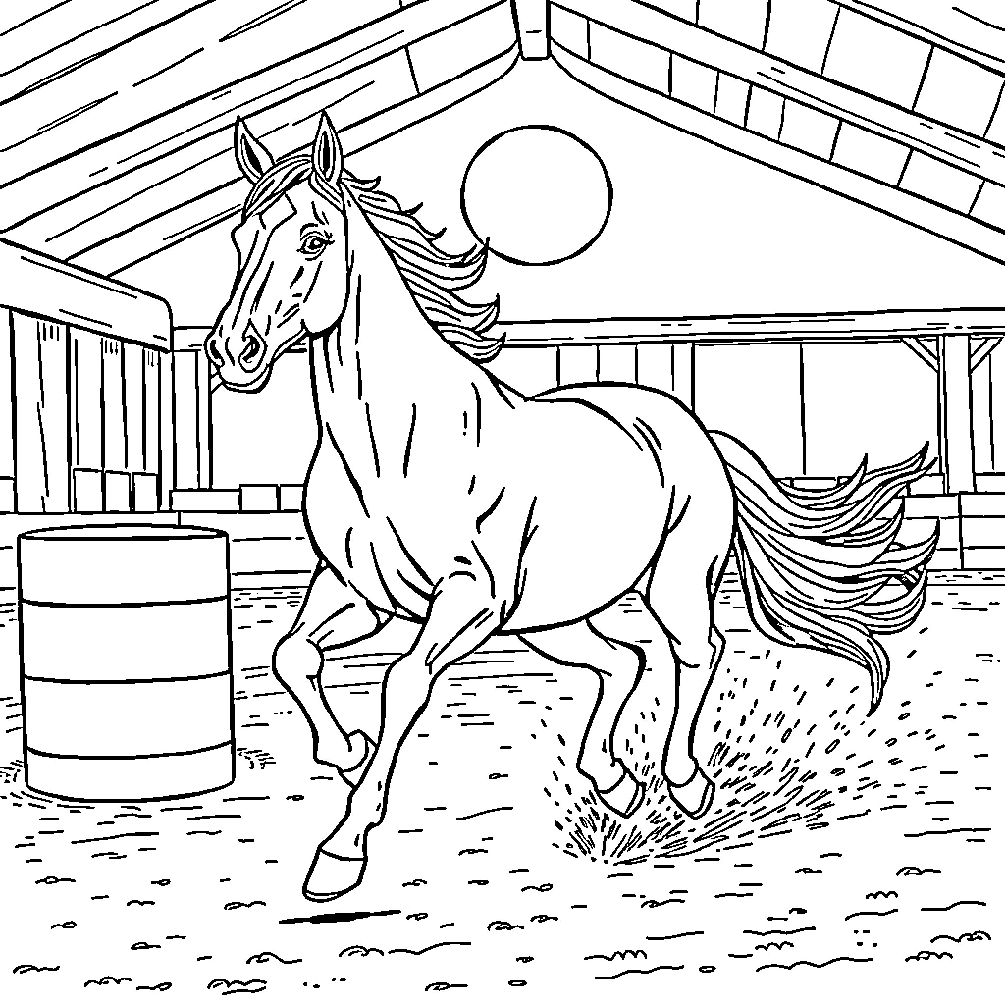 Horse galloping freely in barn Coloring Page (free black-and-white line drawing printable PDF for all, from beginners to advanced learners, including children, teens, adults, and seniors)