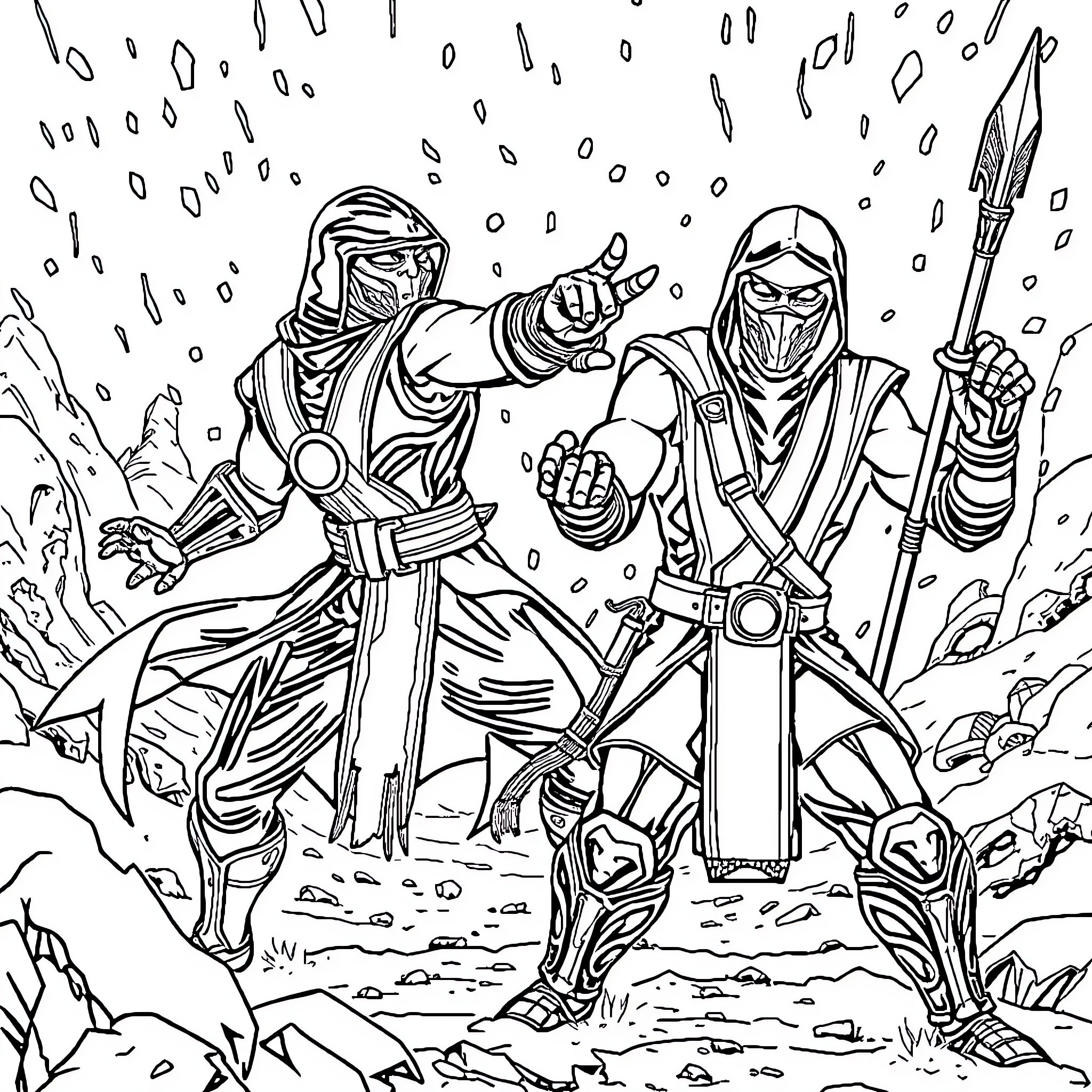 Mortal Kombat Fighters in Fierce Battle Coloring Page (free black-and-white line drawing printable PDF for all, from beginners to advanced learners, including children, teens, adults, and seniors)