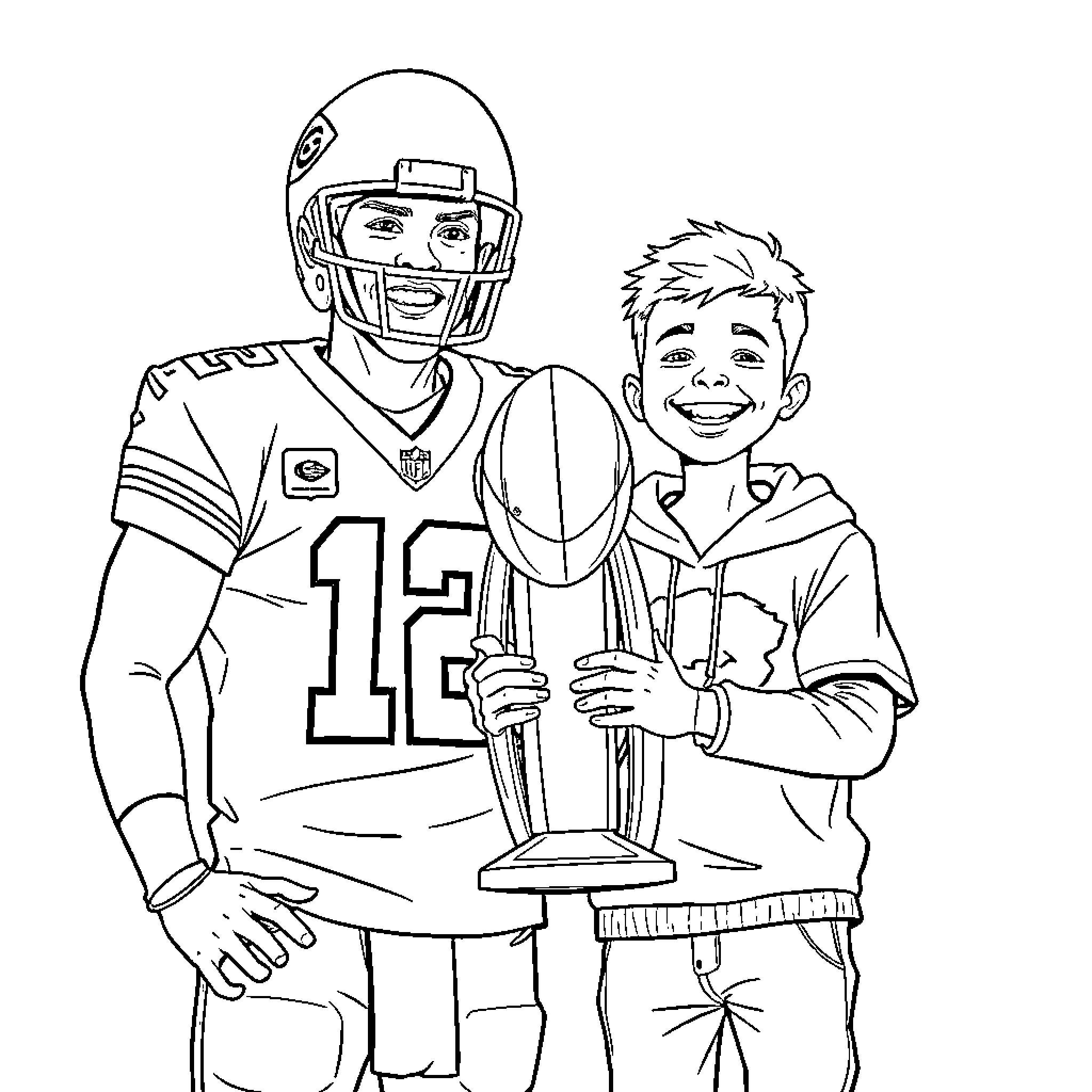 Patrick Mahomes celebrating with a young fan after a victory Coloring Page (free black-and-white line drawing printable PDF for all, from beginners to advanced learners, including children, teens, adults, and seniors)