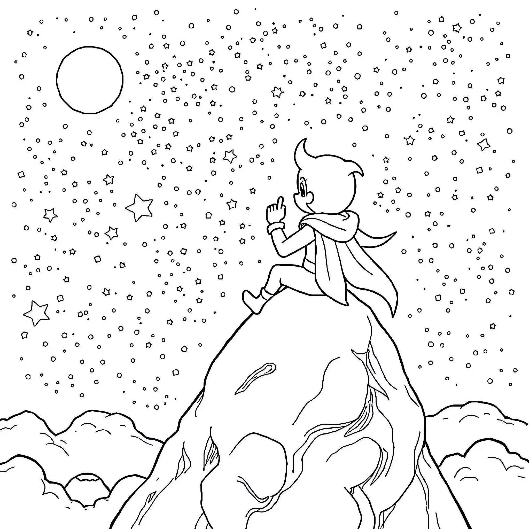 Astro figure exploring the starry night sky Coloring Page (free black-and-white line drawing printable PDF for all, from beginners to advanced learners, including children, teens, adults, and seniors)