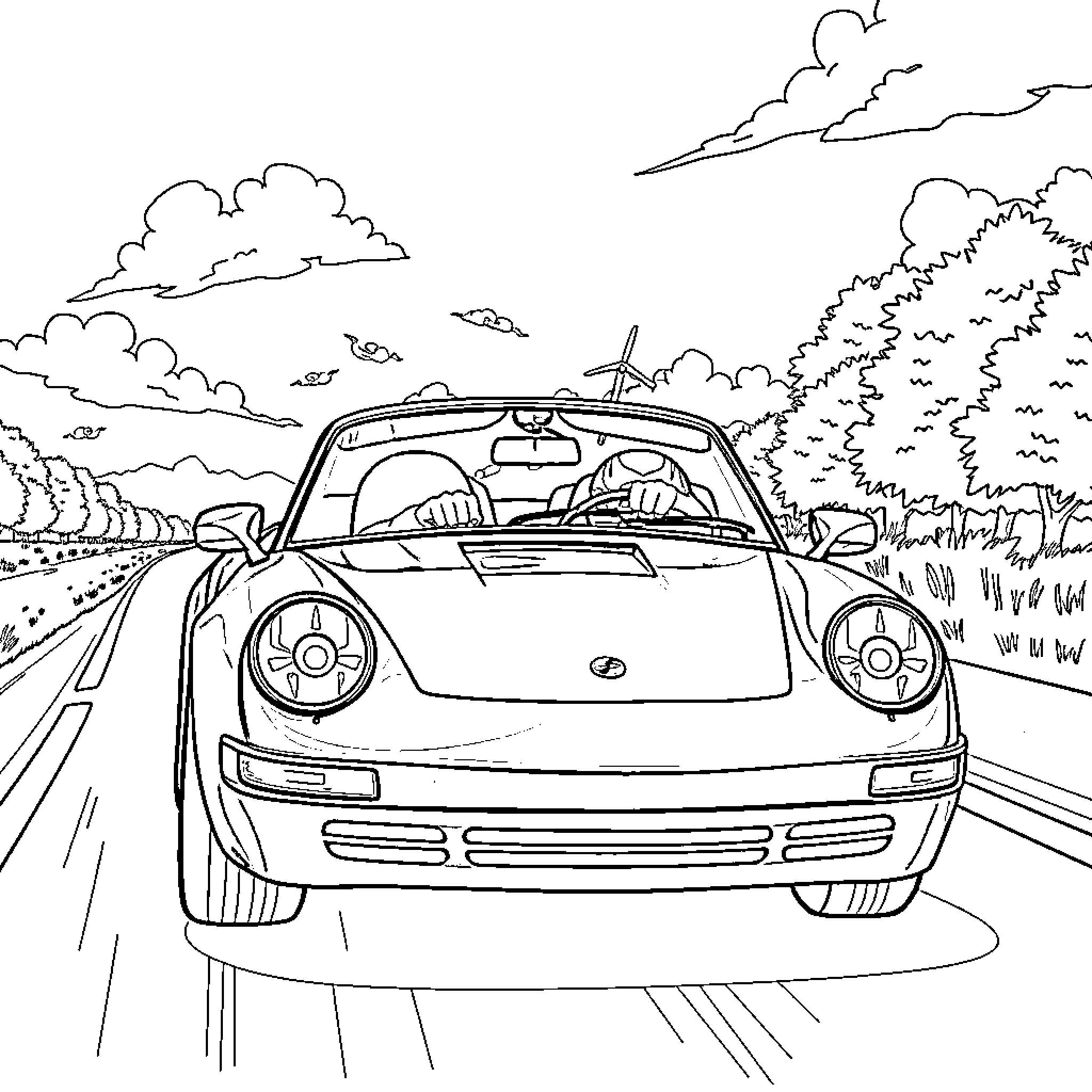 Naruto character driving sports car through scenic landscape Coloring Page (free black-and-white line drawing printable PDF for all, from beginners to advanced learners, including children, teens, adults, and seniors)