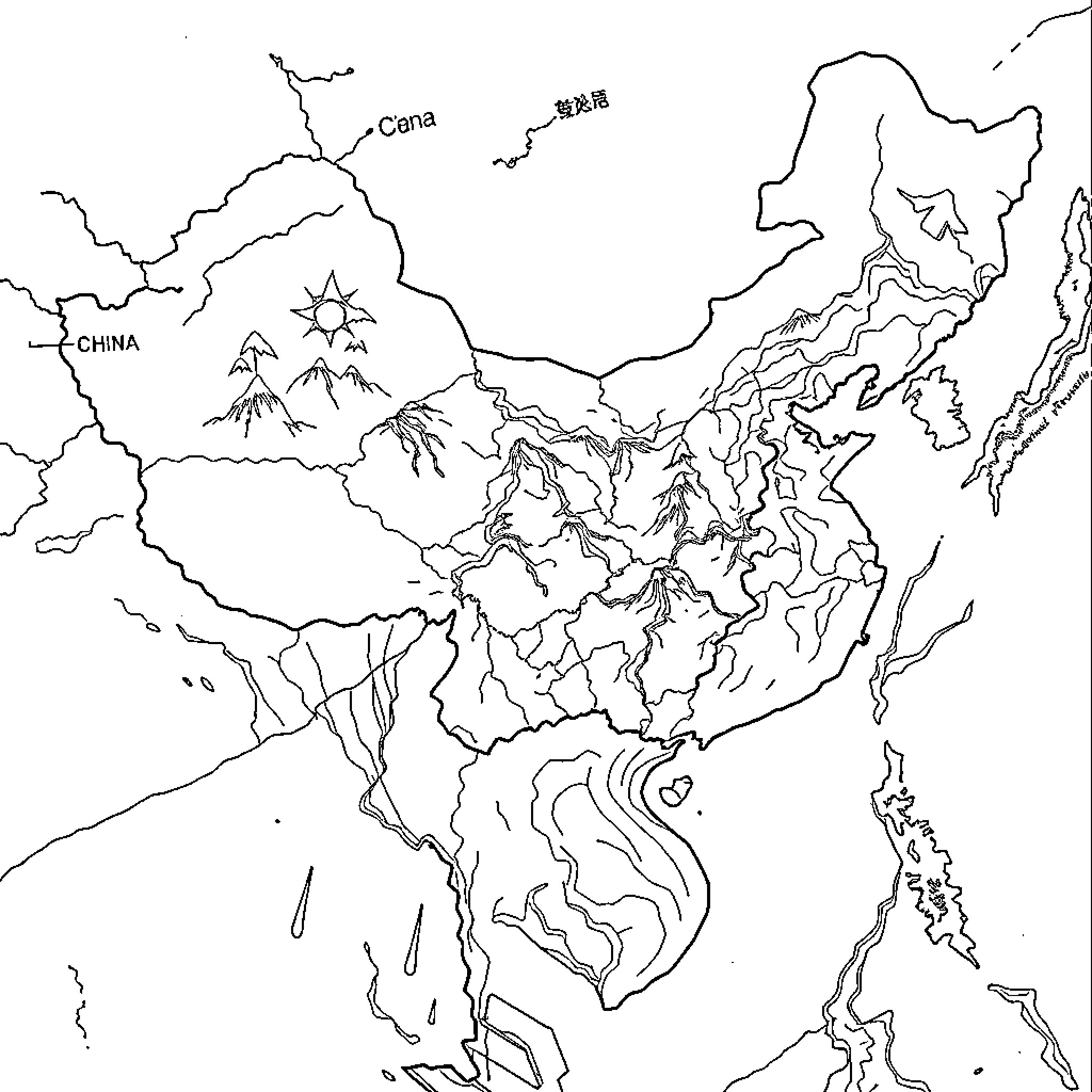 Map of mountainous terrain and geographic features in Asia Coloring Page (free black-and-white line drawing printable PDF for all, from beginners to advanced learners, including children, teens, adults, and seniors)