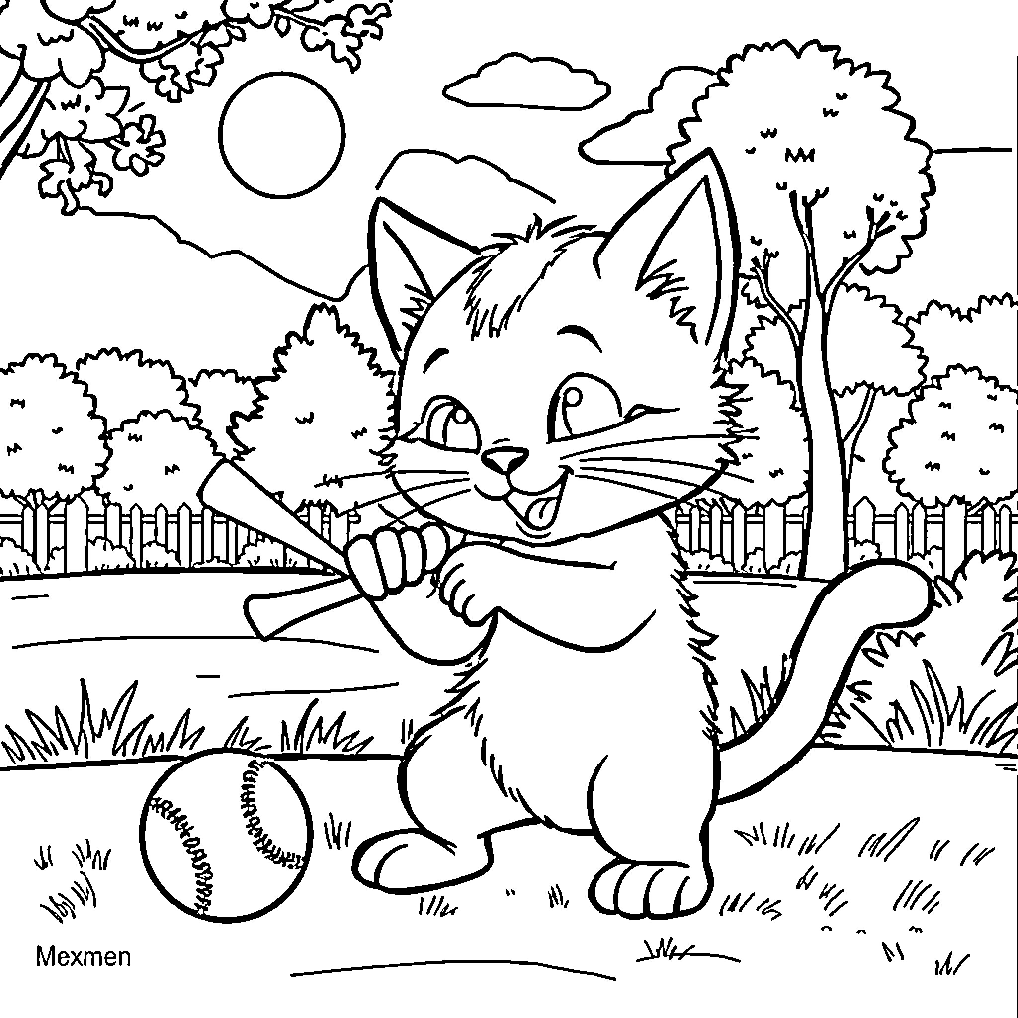 Cat playing with ball in the park Coloring Page (free black-and-white line drawing printable PDF for all, from beginners to advanced learners, including children, teens, adults, and seniors)