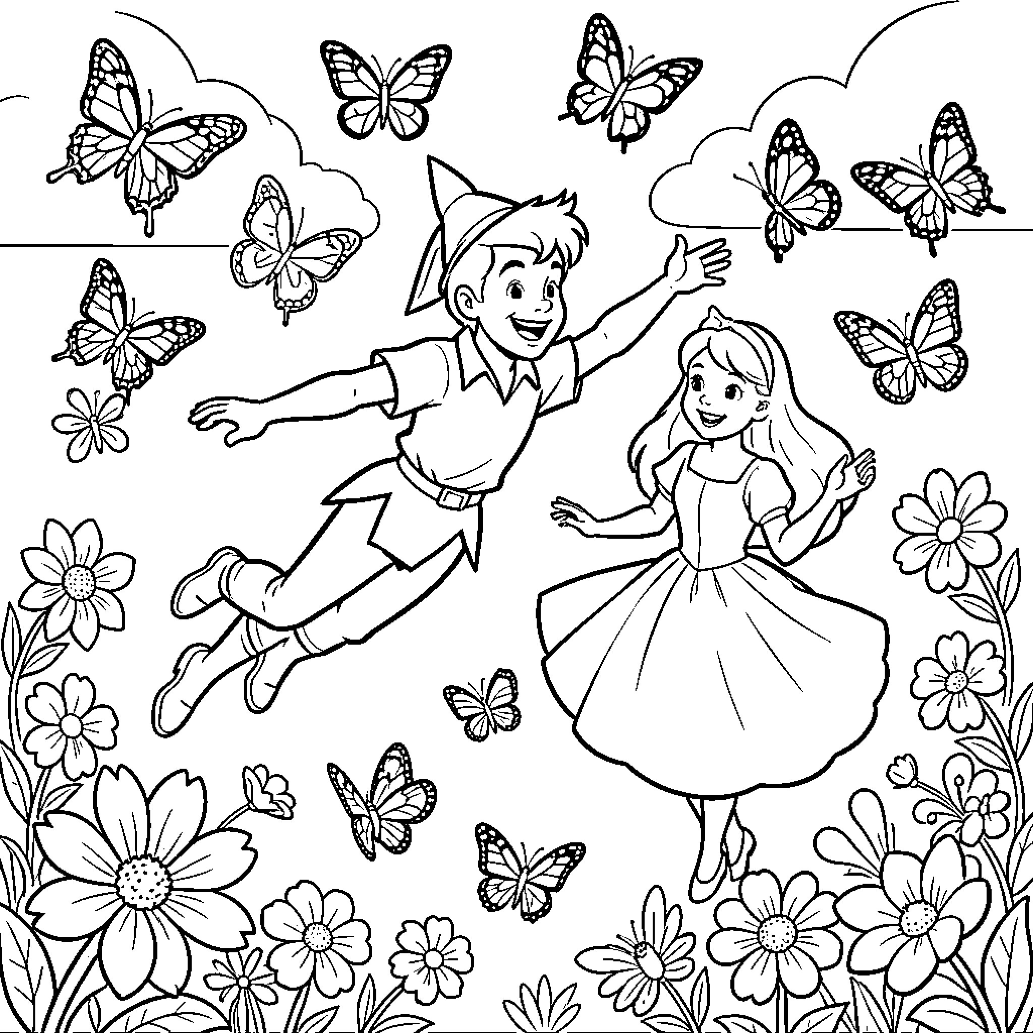 Peter Pan and Wendy playing with butterflies in the garden Coloring Page (free black-and-white line drawing printable PDF for all, from beginners to advanced learners, including children, teens, adults, and seniors)