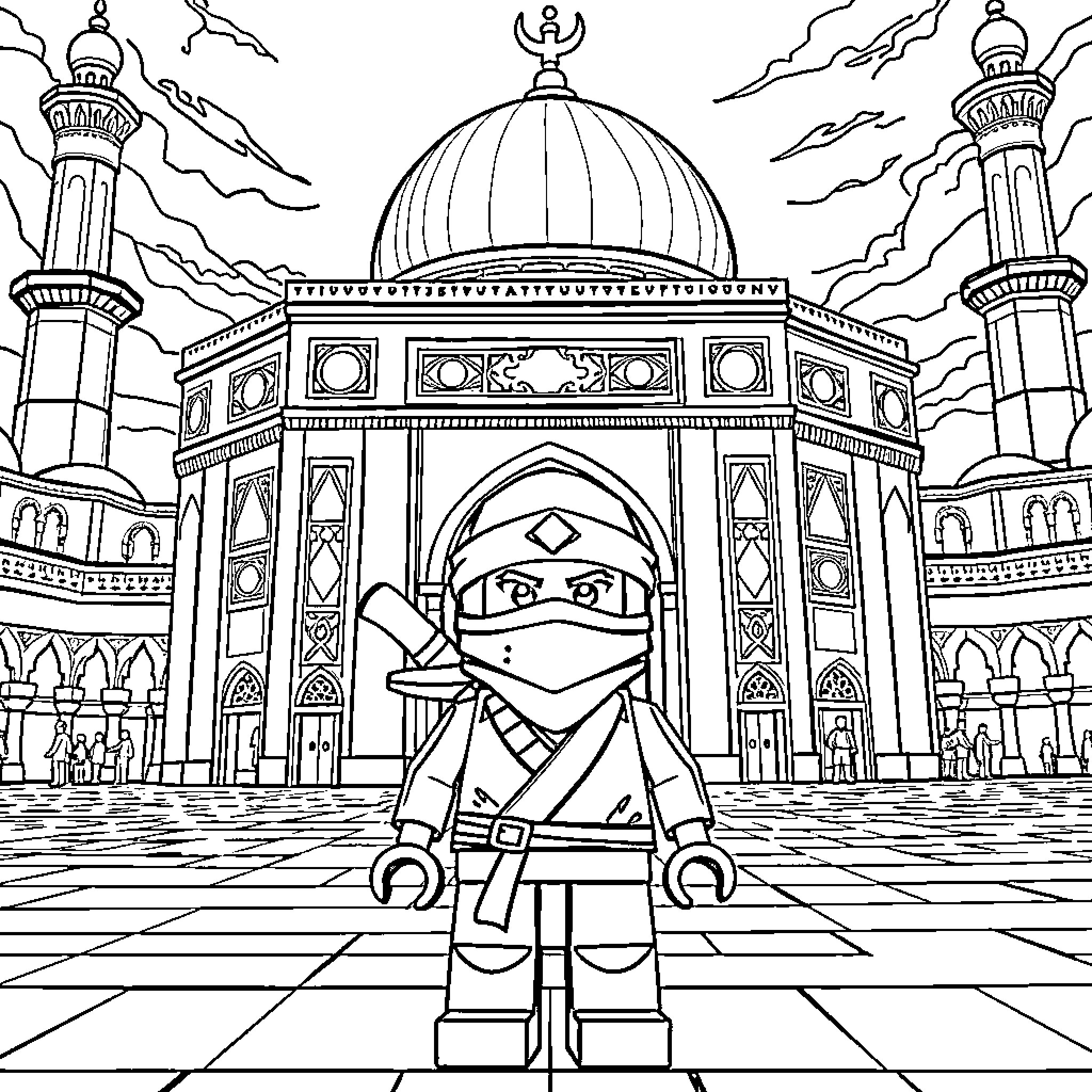 Cole the Ninja Warrior in the Majestic Palace Coloring Page (free black-and-white line drawing printable PDF for all, from beginners to advanced learners, including children, teens, adults, and seniors)