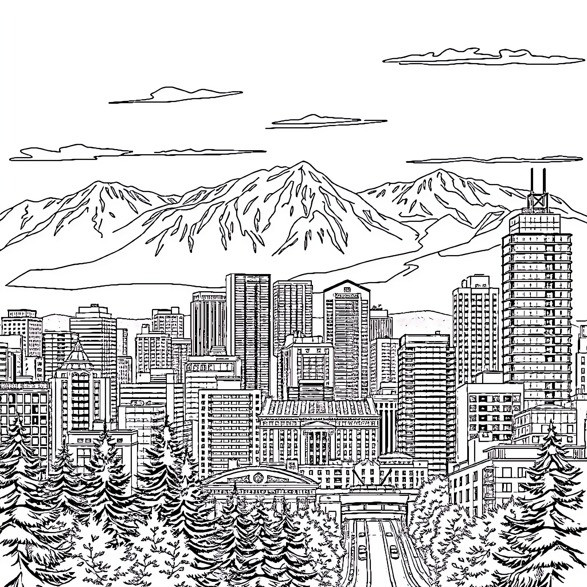 Vancouver skyline and mountain landscape Coloring Page (free black-and-white line drawing printable PDF for all, from beginners to advanced learners, including children, teens, adults, and seniors)