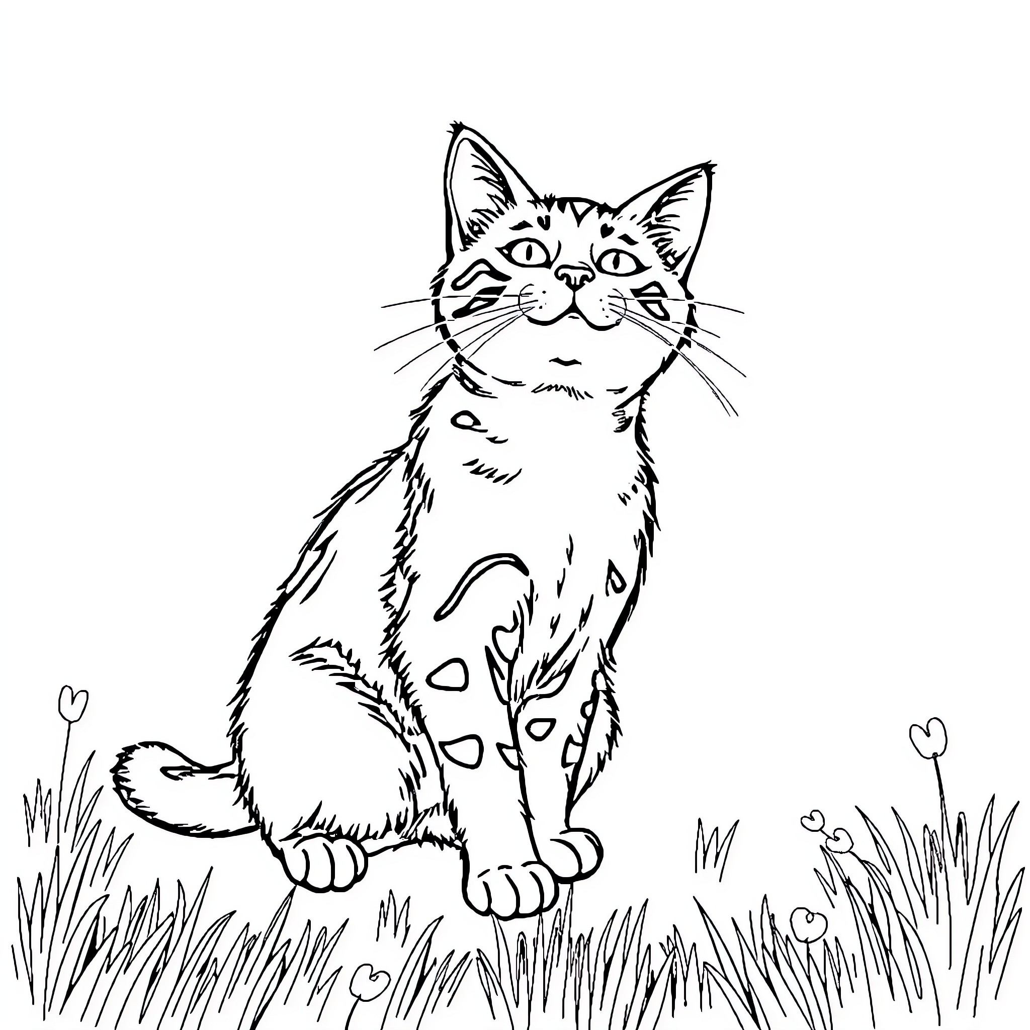 Cat sitting attentively in grass Coloring Page (free black-and-white line drawing printable PDF for all, from beginners to advanced learners, including children, teens, adults, and seniors)
