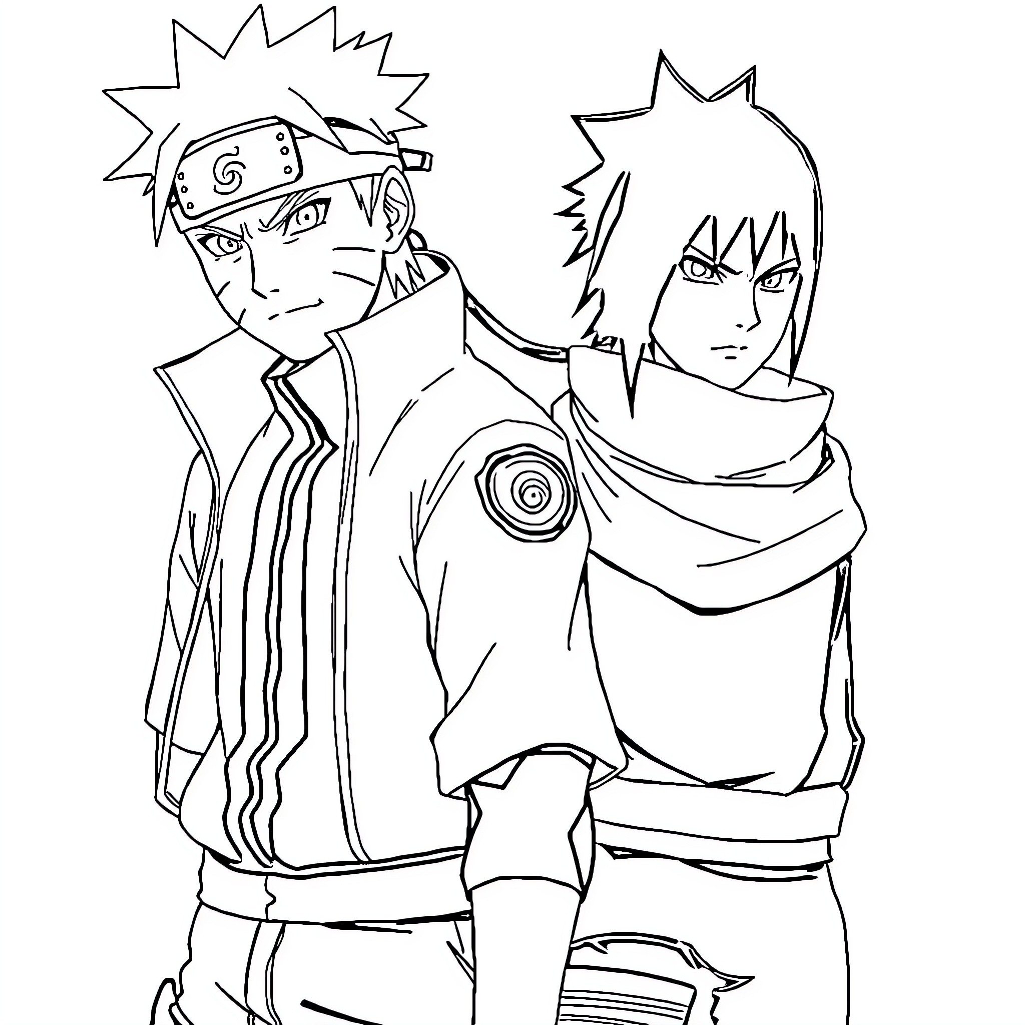 Naruto and Sasuke facing off with determination Coloring Page (free black-and-white line drawing printable PDF for all, from beginners to advanced learners, including children, teens, adults, and seniors)