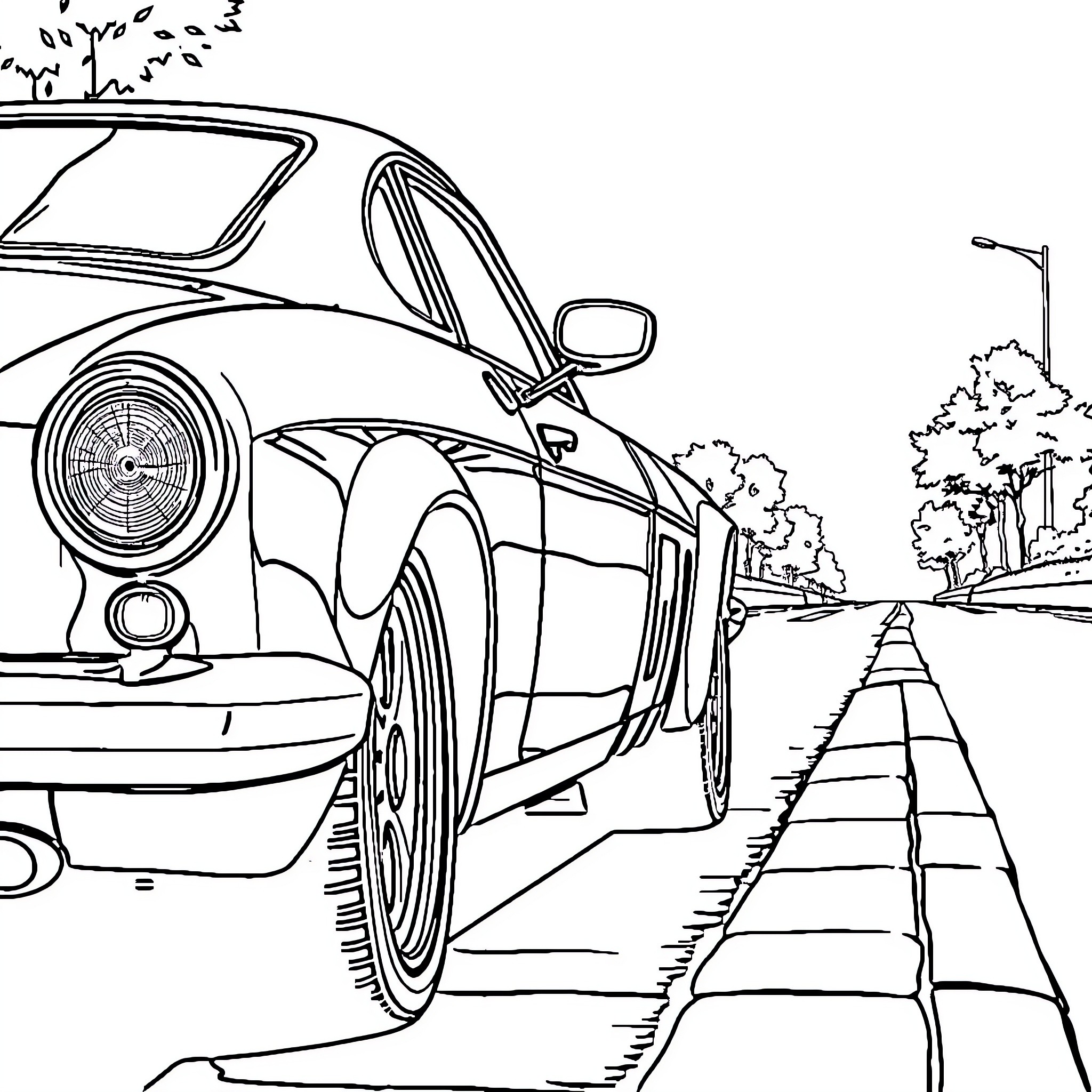 Car driving on a winding road Coloring Page (free black-and-white line drawing printable PDF for all, from beginners to advanced learners, including children, teens, adults, and seniors)