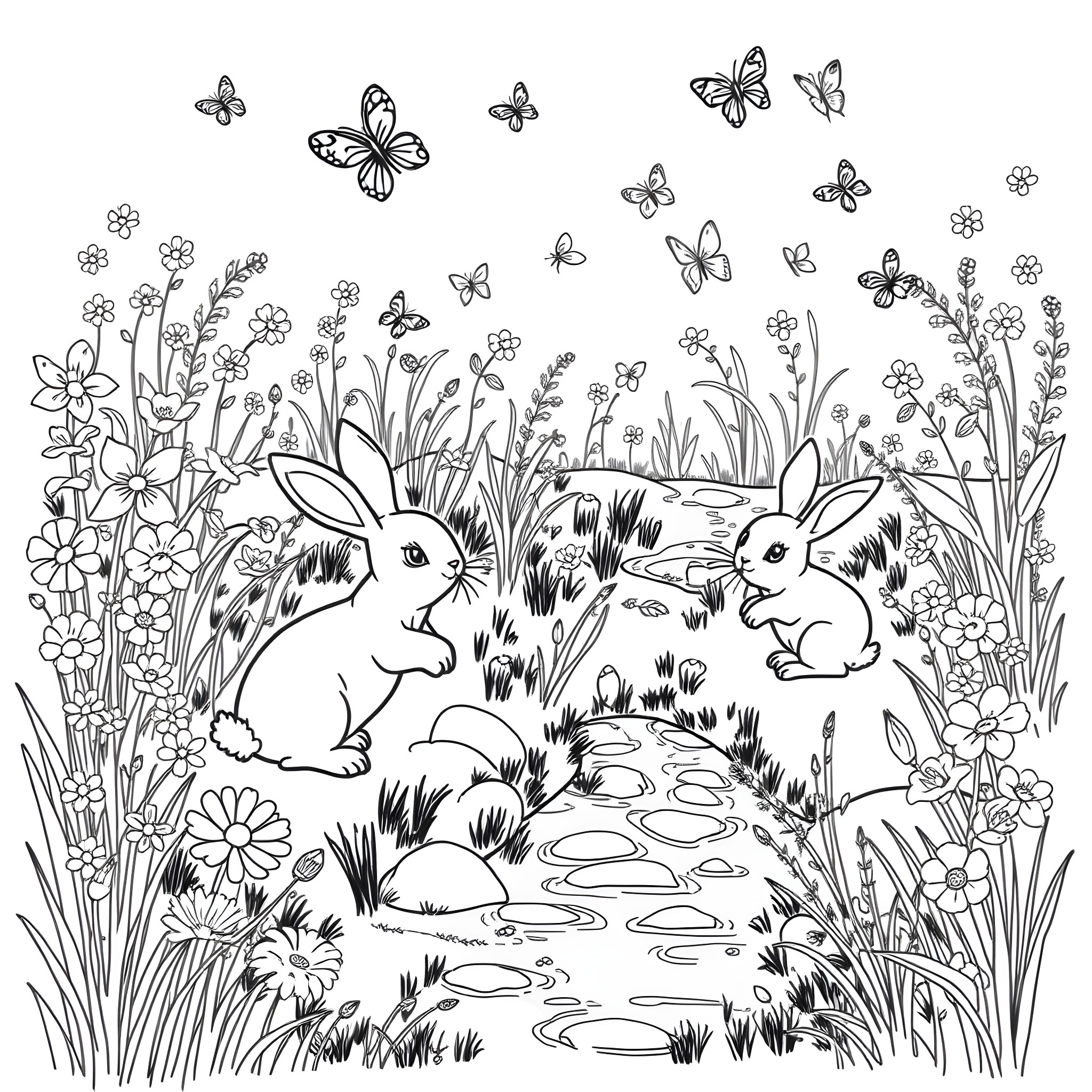 Bunny rabbits playing in a floral meadow Coloring Page (free black-and-white line drawing printable PDF for all, from beginners to advanced learners, including children, teens, adults, and seniors)