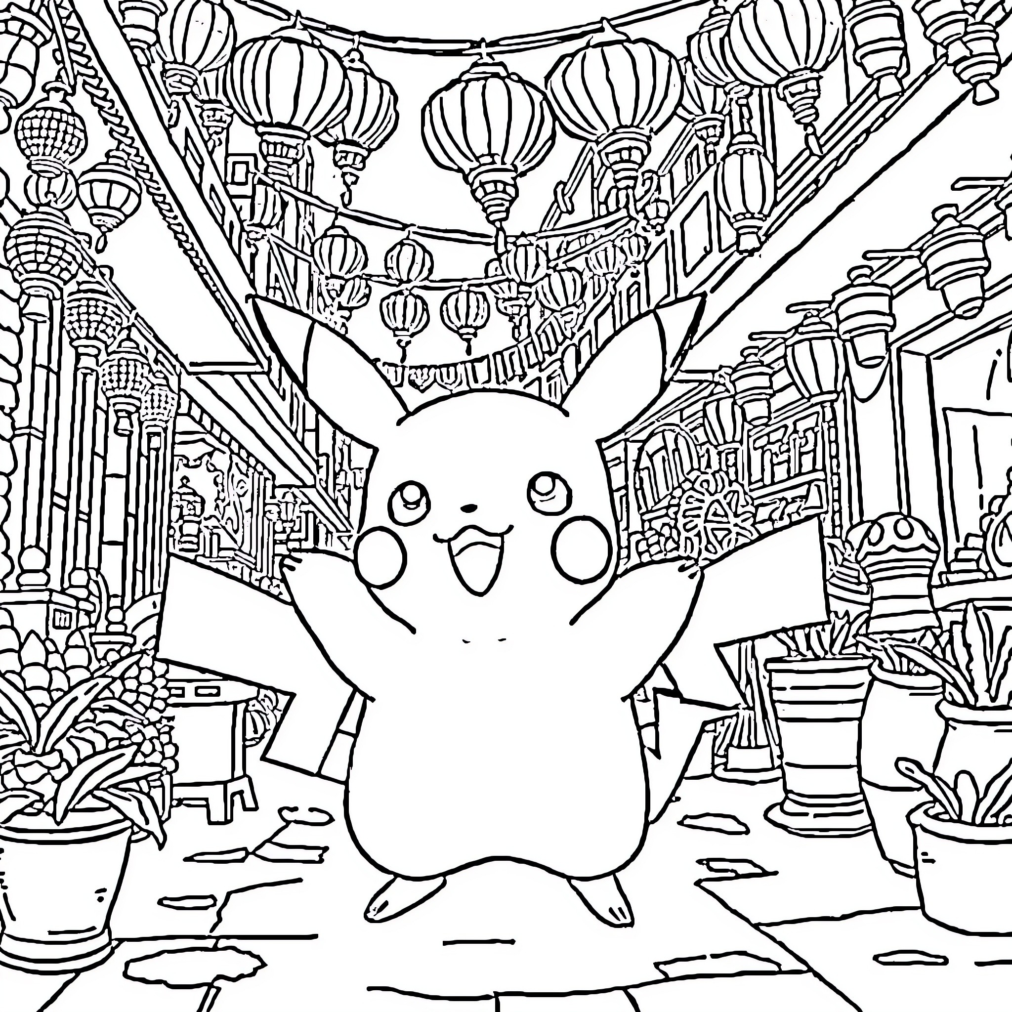 Pikachu exploring a vibrant, lantern-filled street Coloring Page (free black-and-white line drawing printable PDF for all, from beginners to advanced learners, including children, teens, adults, and seniors)