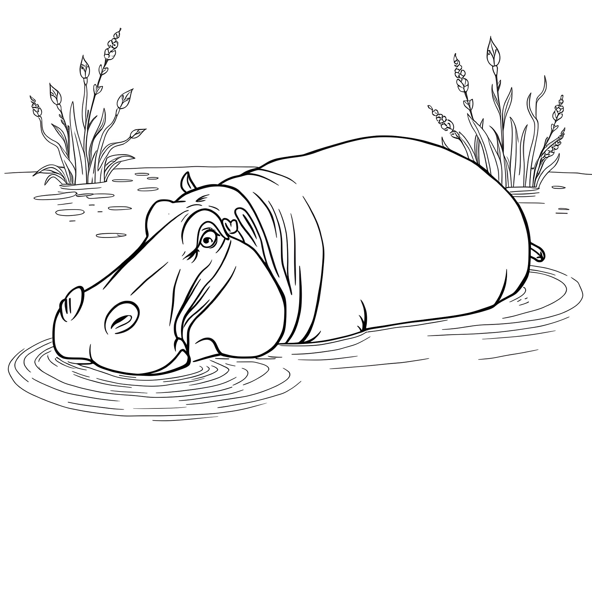 Hippopotamus relaxing in the water with tall grass Coloring Page (free black-and-white line drawing printable PDF for all, from beginners to advanced learners, including children, teens, adults, and seniors)